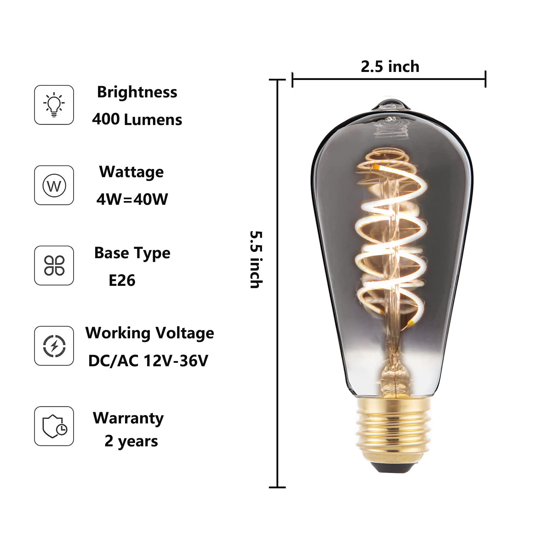 SHUWDKAR 12V Edison Bulb Vintage Warm White 2700K E26 Medium Base, DC/AC 12V 24V 36V LED Edison Light Bulb 40W Equivalent, Low V