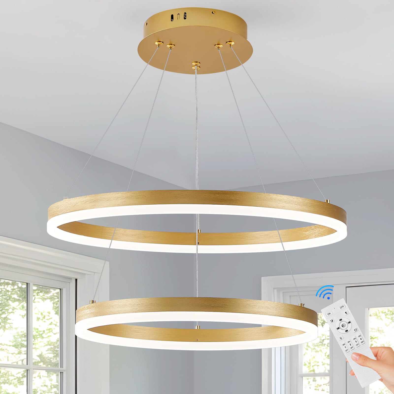 Sparklelf LED Chandelier Pendant Light, 2 Rings, Metal, Gold, Remote Control, 3000K-6500K, Modern Flush Mount for Bedroom, Living Room, Dining Room