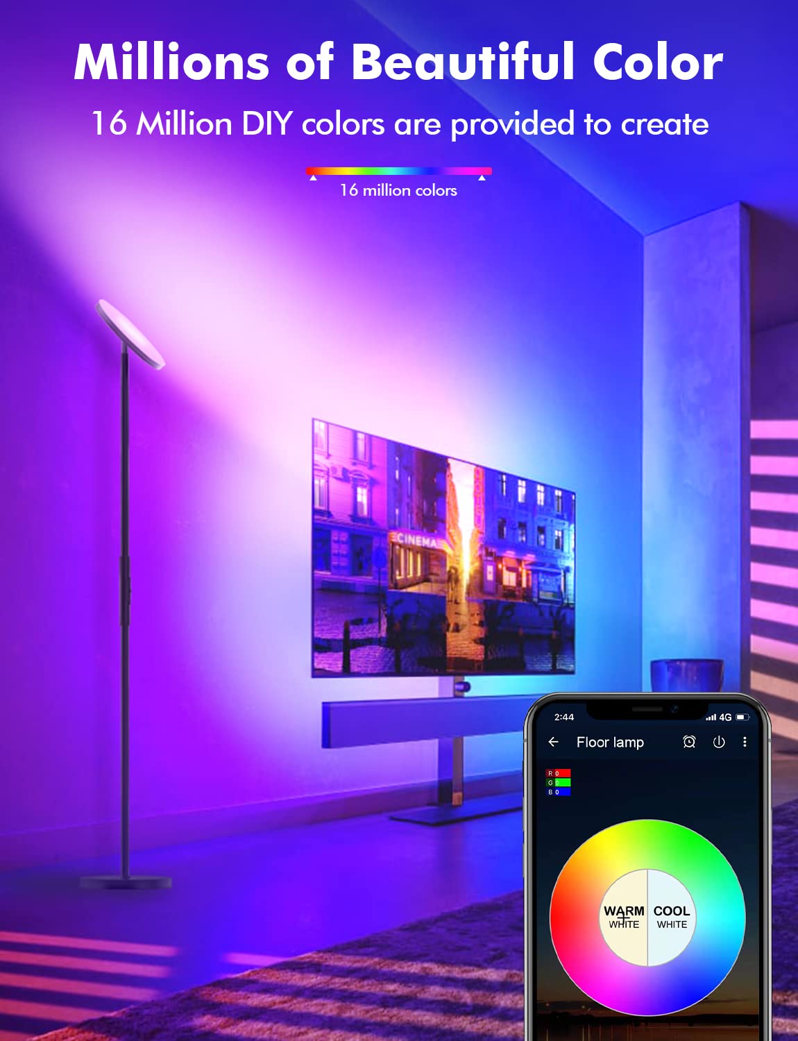YHW Smart RGB Floor Lamp - 2000LM Color Changing Torchiere, WiFi/Alexa Compatible, Modern Design, Black, Model: ZJ-BWFL-RGBWW-CM