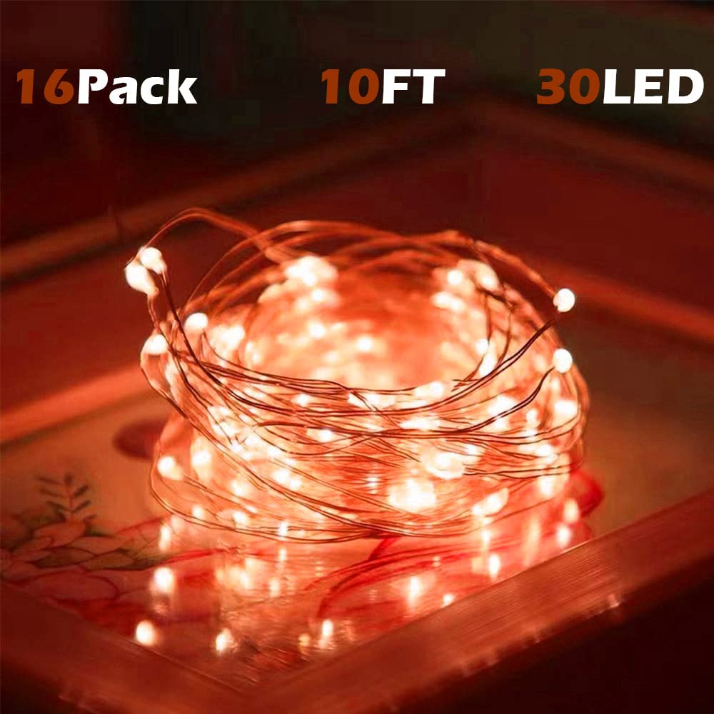 SOCO Fairy Lights 16 Pack, 10ft 30 LED Waterproof Firefly Lights, Orange, Model 2032 T07