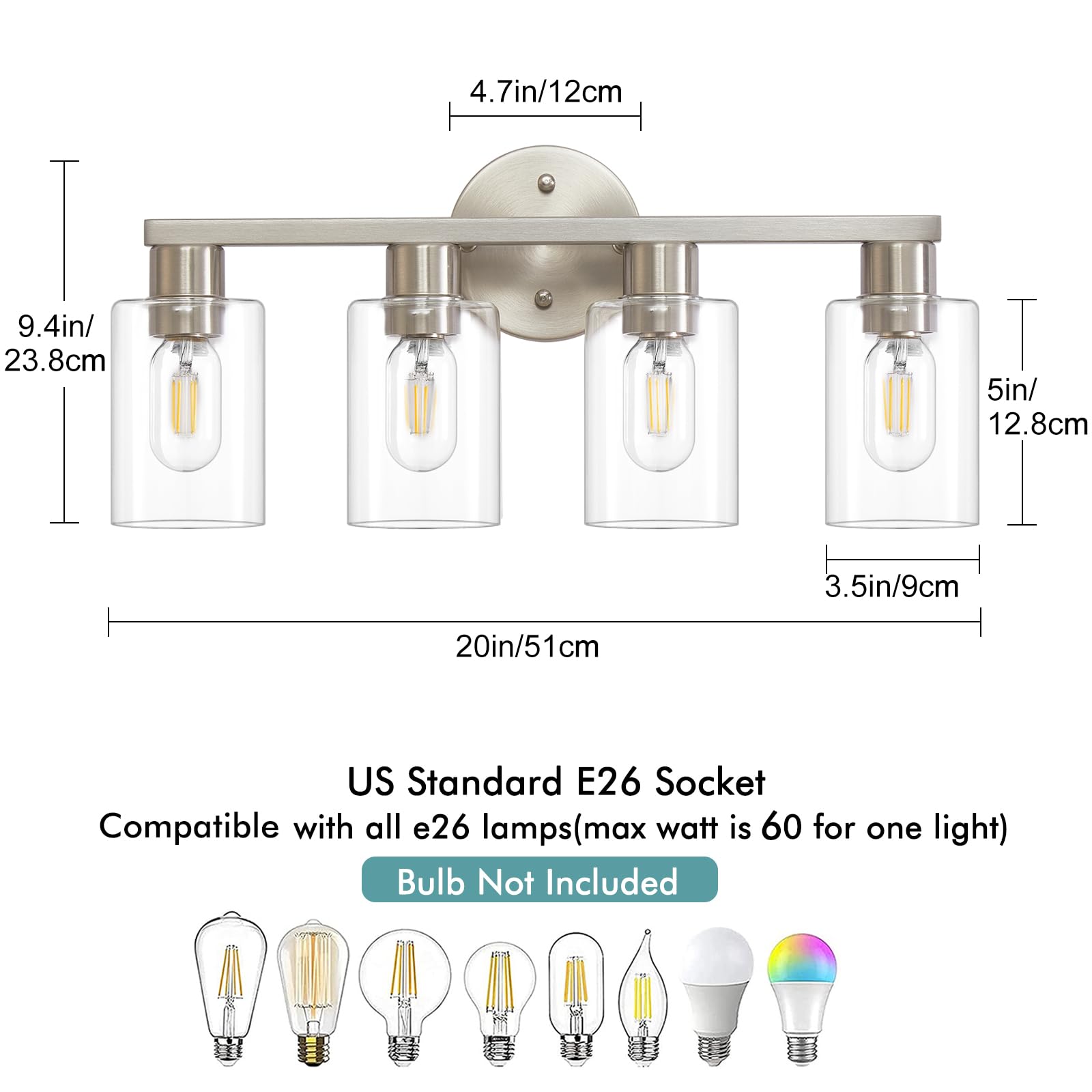 4 Light Bathroom Vanity Light, Farmhouse Bathroom Light Fixtures With Clear Glass Shade, Brushed Nickel Lights For Vanity Mirror