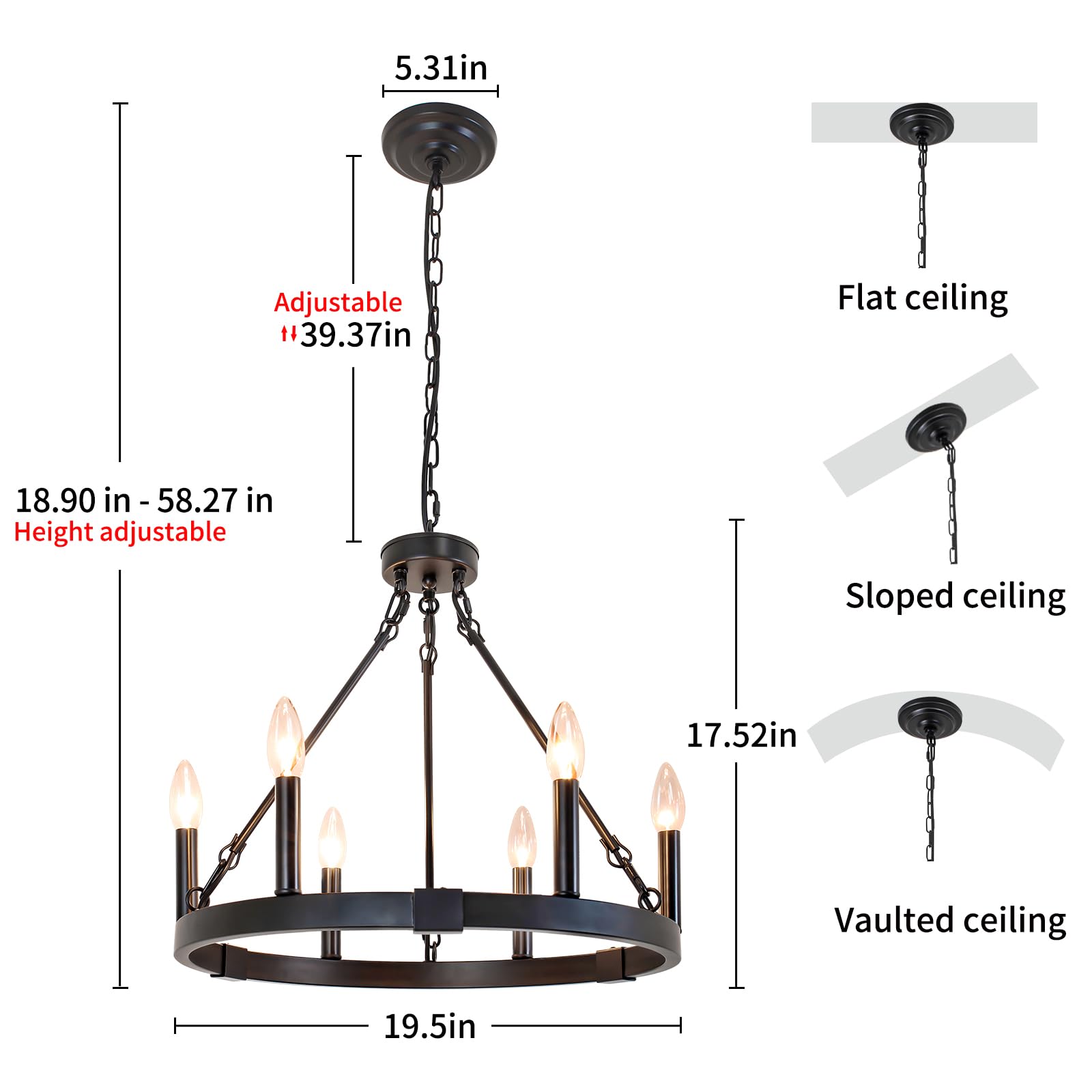 Rviezza 6-Light Wagon Wheel Chandelier, Black Metal Vintage Pendant Light for Dining Room, Kitchen, Entryway - Model B0CP97XGT2