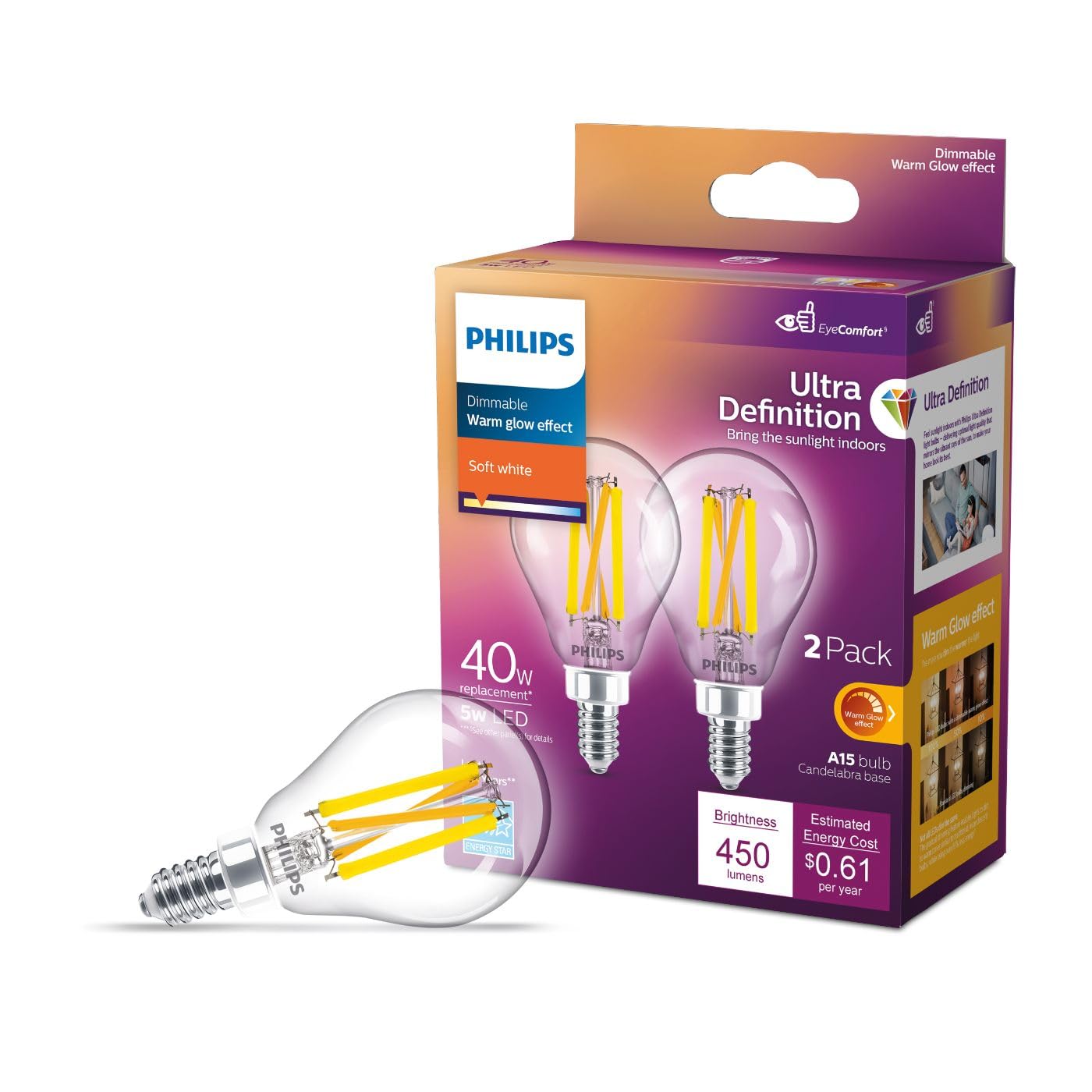 Philips LED A15 Dimmable Light Bulbs - 60W, Soft White 2200-2700K, 750 Lumen, E26 Base, 2 Pack, Glass