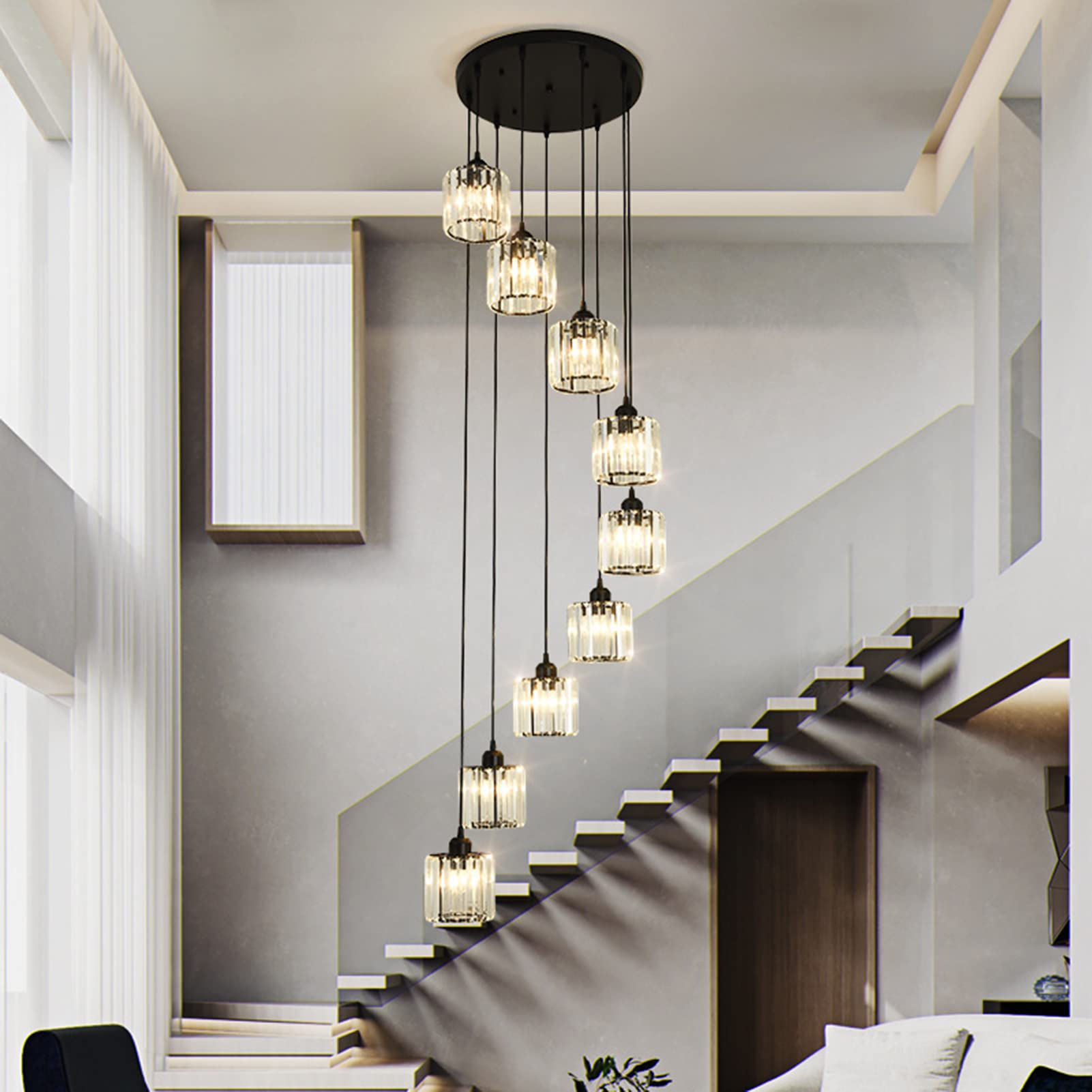 Meimond Modern Crystal Pendant Light - 9 Lights Black Metal Chandelier for High Ceilings, Foyer, Living Room, Model LTD-10