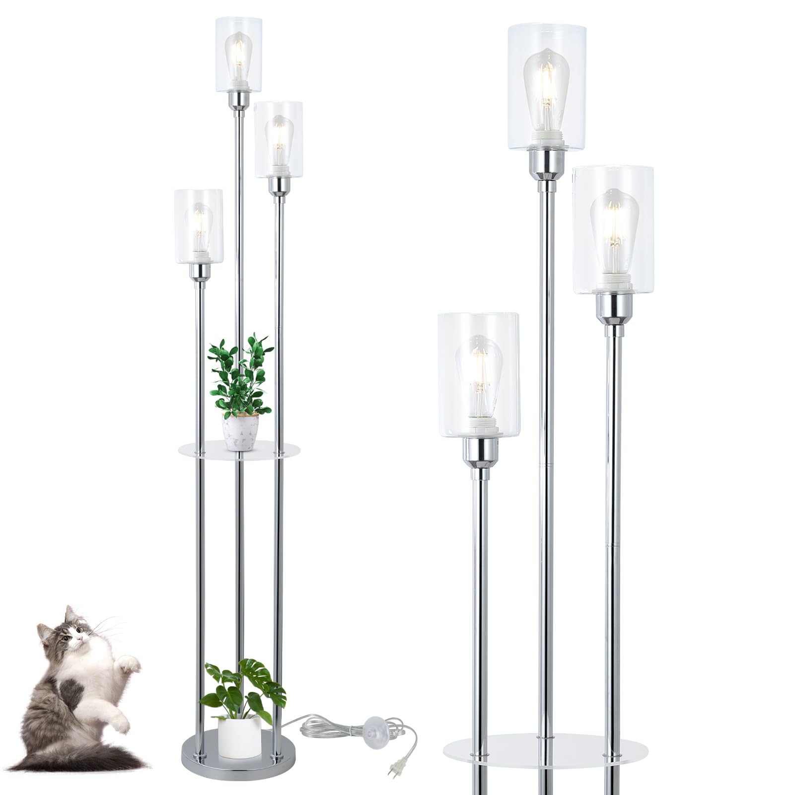 HMVPL Modern Floor Lamps for Living Room, Silver Floor Lamp for Bedroom with Acrylic Shelves, 3-Light Chorme Standing Lamp with 