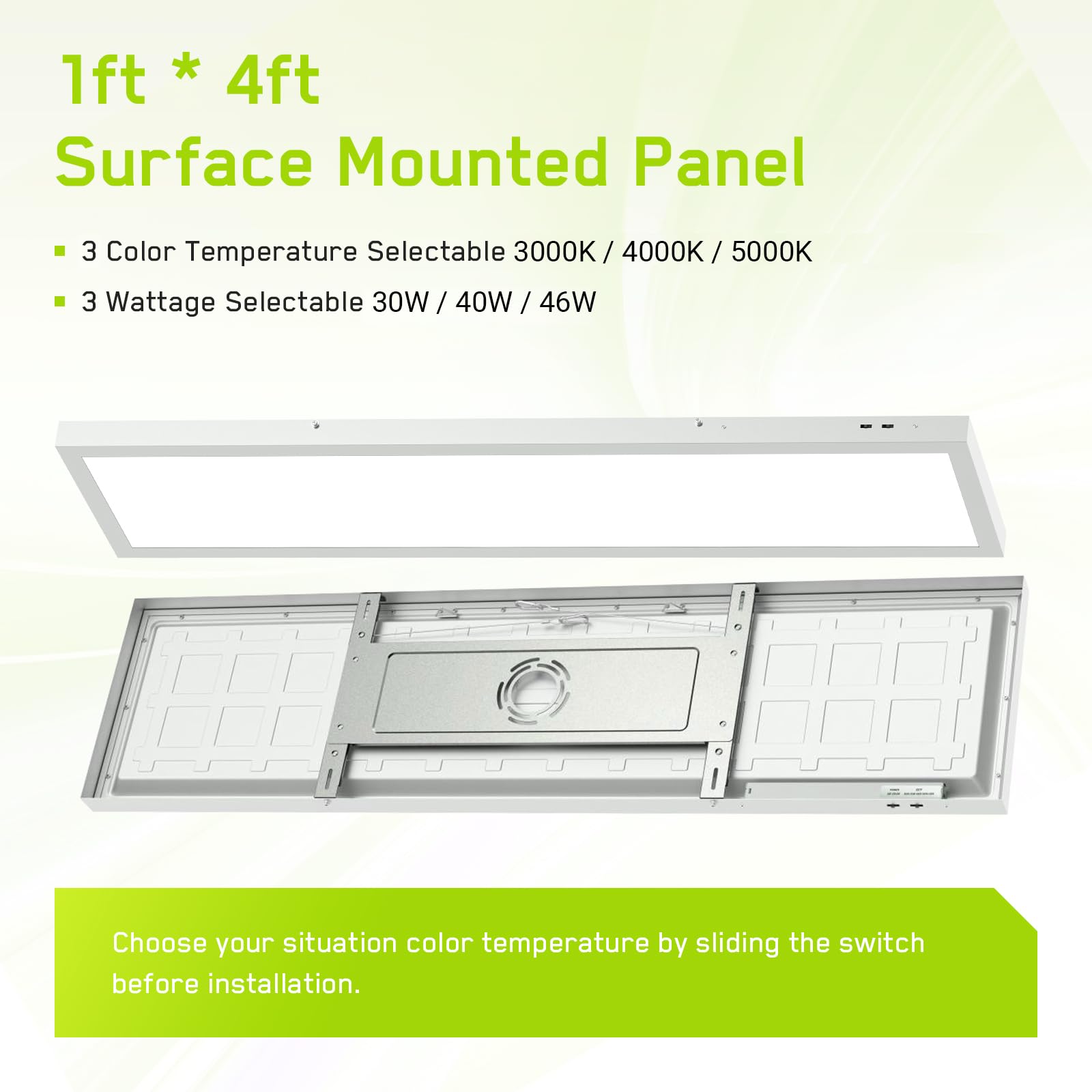 1X4 Led Flat Panel Light Surface Mount Ceiling Light, 3Cct 3000K/4000K/5000K Dimmable, 30W/40W/46W 5060Lm -Lit, Flush Mount Or D