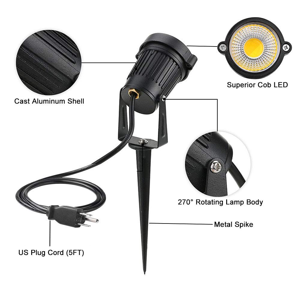 Romwish Landscape Spotlights, 5W IP65 Waterproof, 3000K Warm White, Aluminum, 6 Pack, Model cob-landscape-120v-6