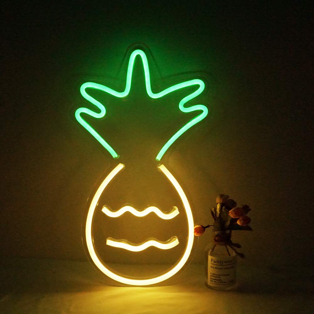 NiniTe LIGHTS Pineapple Neon Sign, LED Night Light, USB Powered Wall Decor, Yellow/Pink/Blue/Green