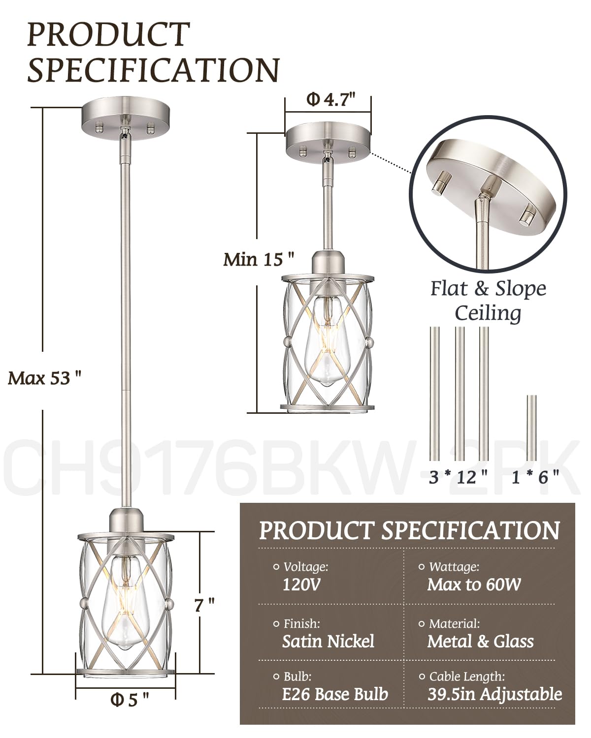 Osimir Brushed Nickel Pendant Lights Kitchen Island 3 Pack, Glass Kitchen Pendant Lighting Over Island With Rod, Modern Mini Han