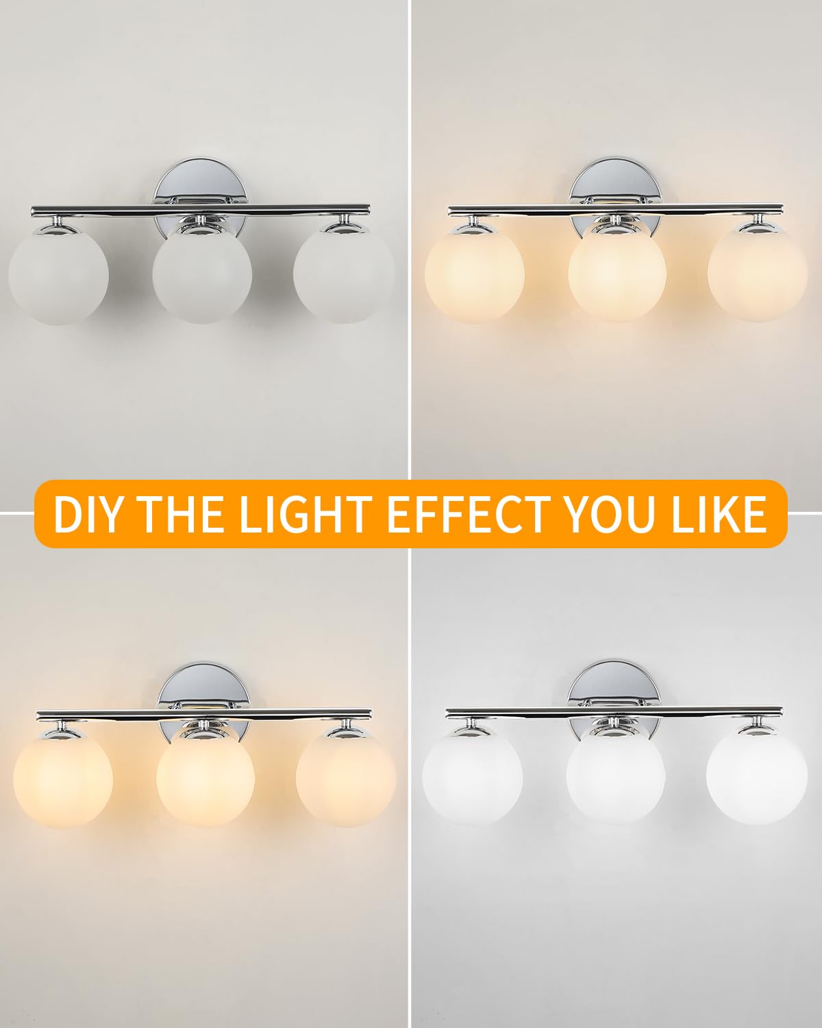 foucasal Chrome Globe Bathroom Light Fixtures, 3-Light Vanity Sconce, 11.81" Metal & Plastic Shades, Model ULYQBD47-3D