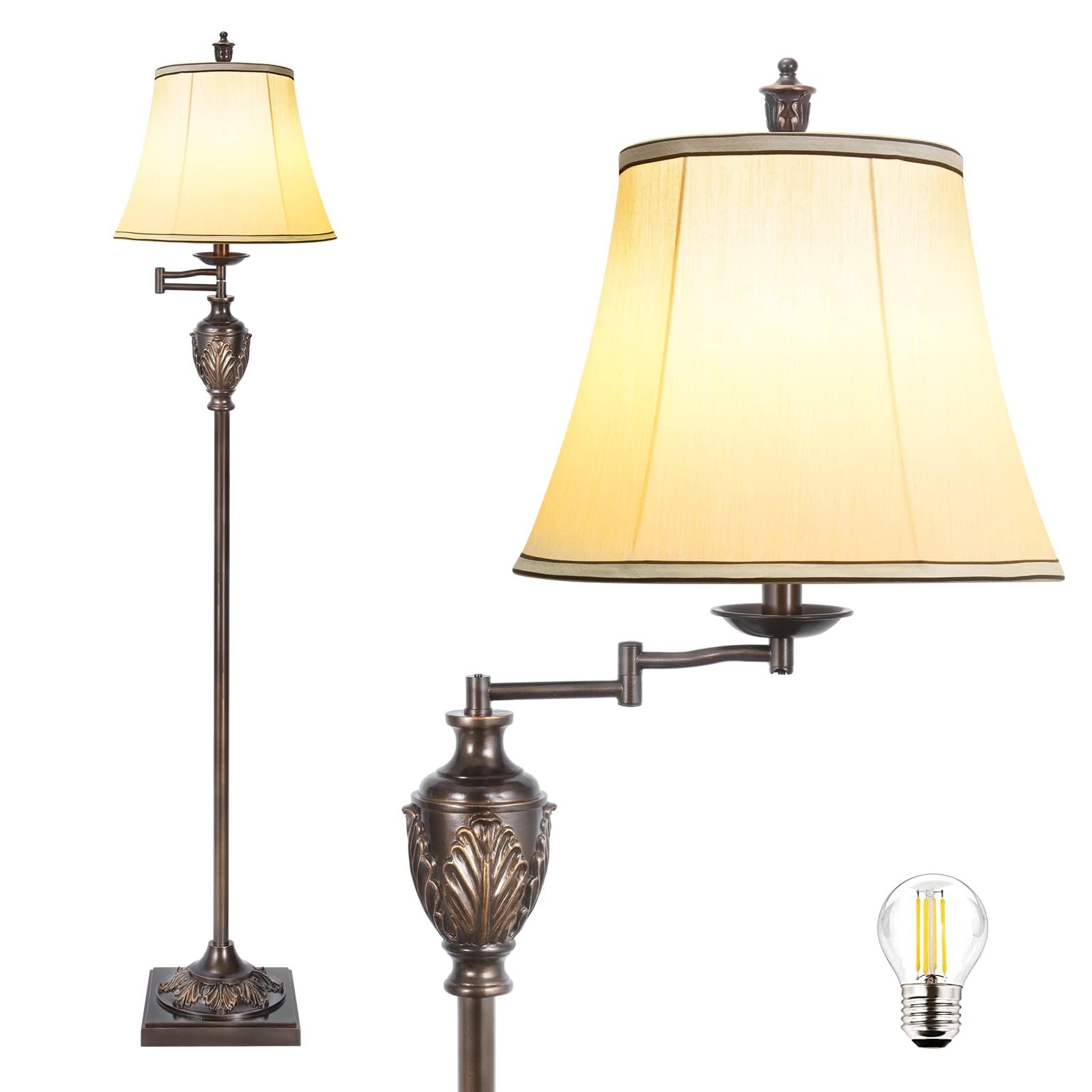 AIDENOEY Traditional LED Floor Lamp with Adjustable Swing Arm, Brown, Model HYFLOOR002, Faux Silk Shade, Ideal for Living Room and Office