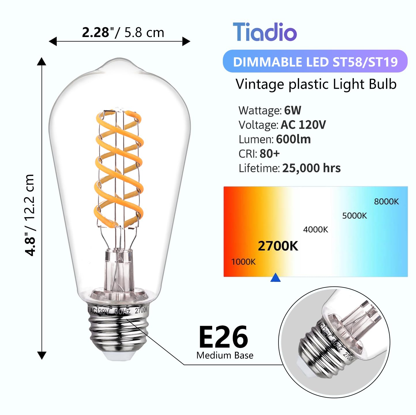 Tiadio St19/St58 Led Edison Bulbs, Warm White 2700K Vintage Light Bulbs, E26 6W Led Bulb Dimmable 600Lm, Antique Decorative Fila