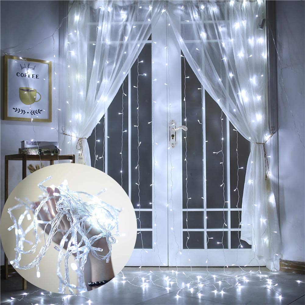 MAGGIFT 304 LED Curtain String Lights, 9.8x9.8ft, 8 Modes, Cool White, Remote Control, Indoor/Outdoor Decoration