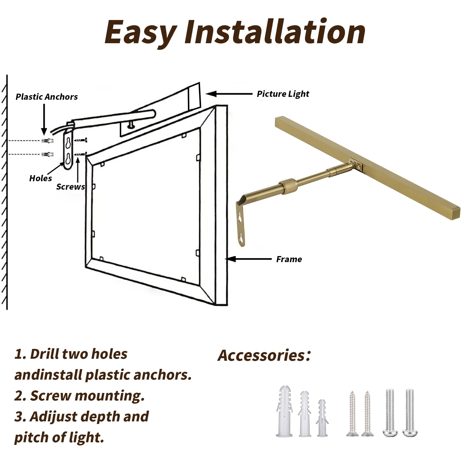 Pasoar Brass Picture Light, 16" Adjustable LED Art Light, Remote Control, Model 9899, Gold Finish