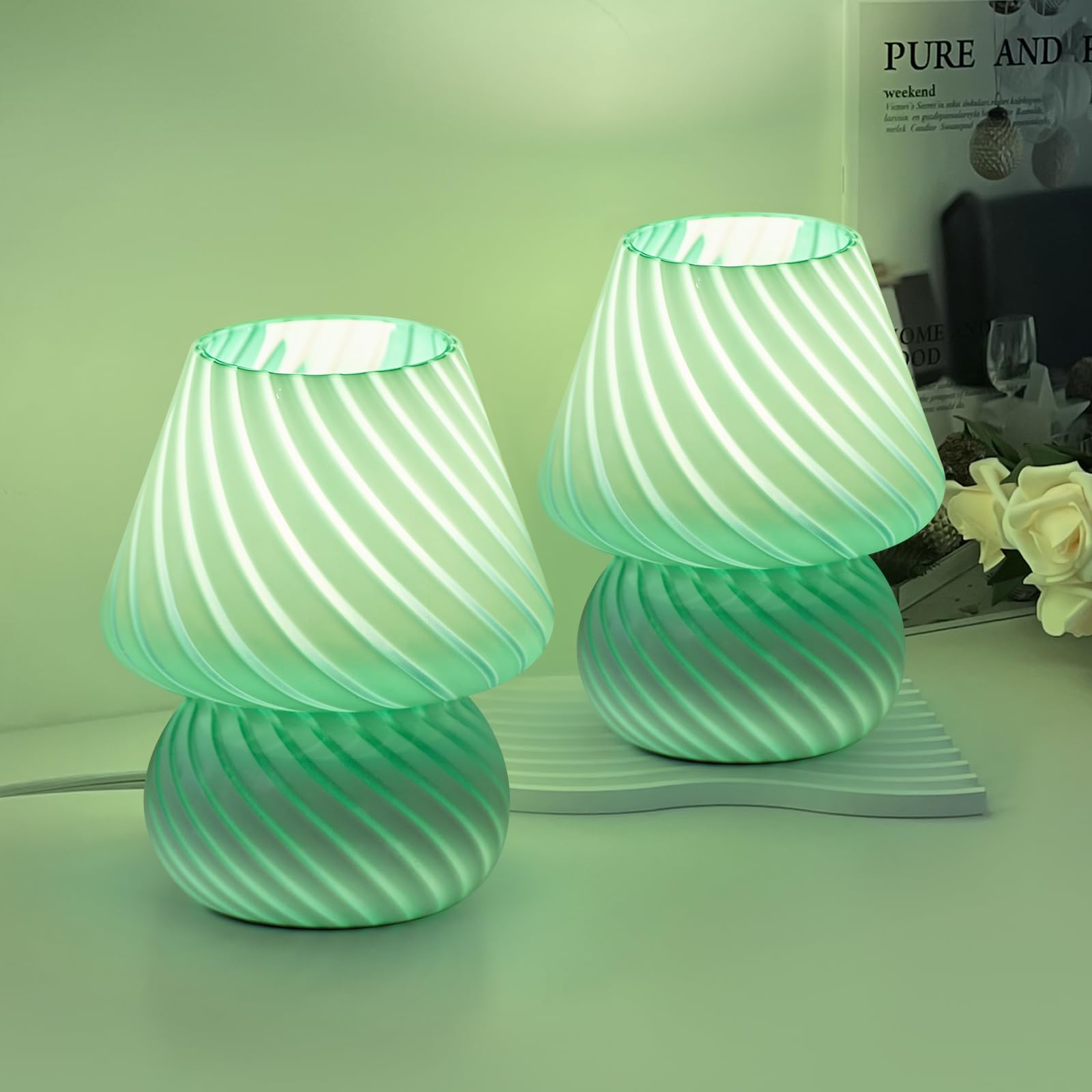 ONEWISH Mushroom Lamps Set of 2 - Small Table Lamp with Striped Glass, Nightstand Lamp for Bedroom, Living Room, Cafe, Office, B