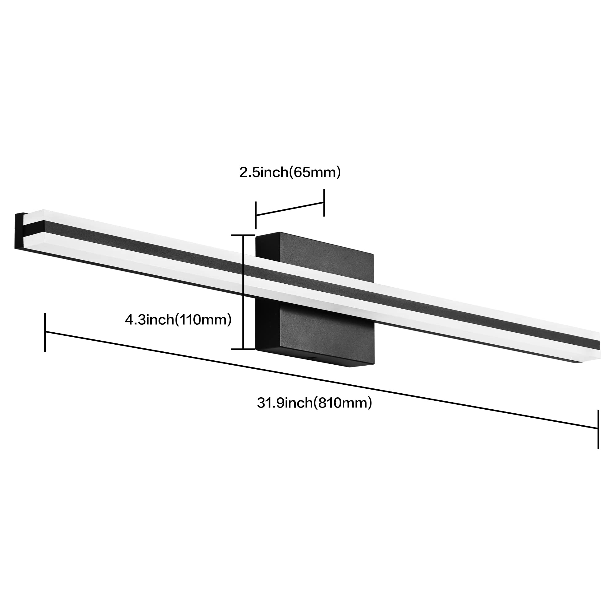 SOLFART Dimmable LED Bathroom Vanity Lights - 31.8" Matt Black Aluminum & Acrylic Wall Fixtures for Mirrors