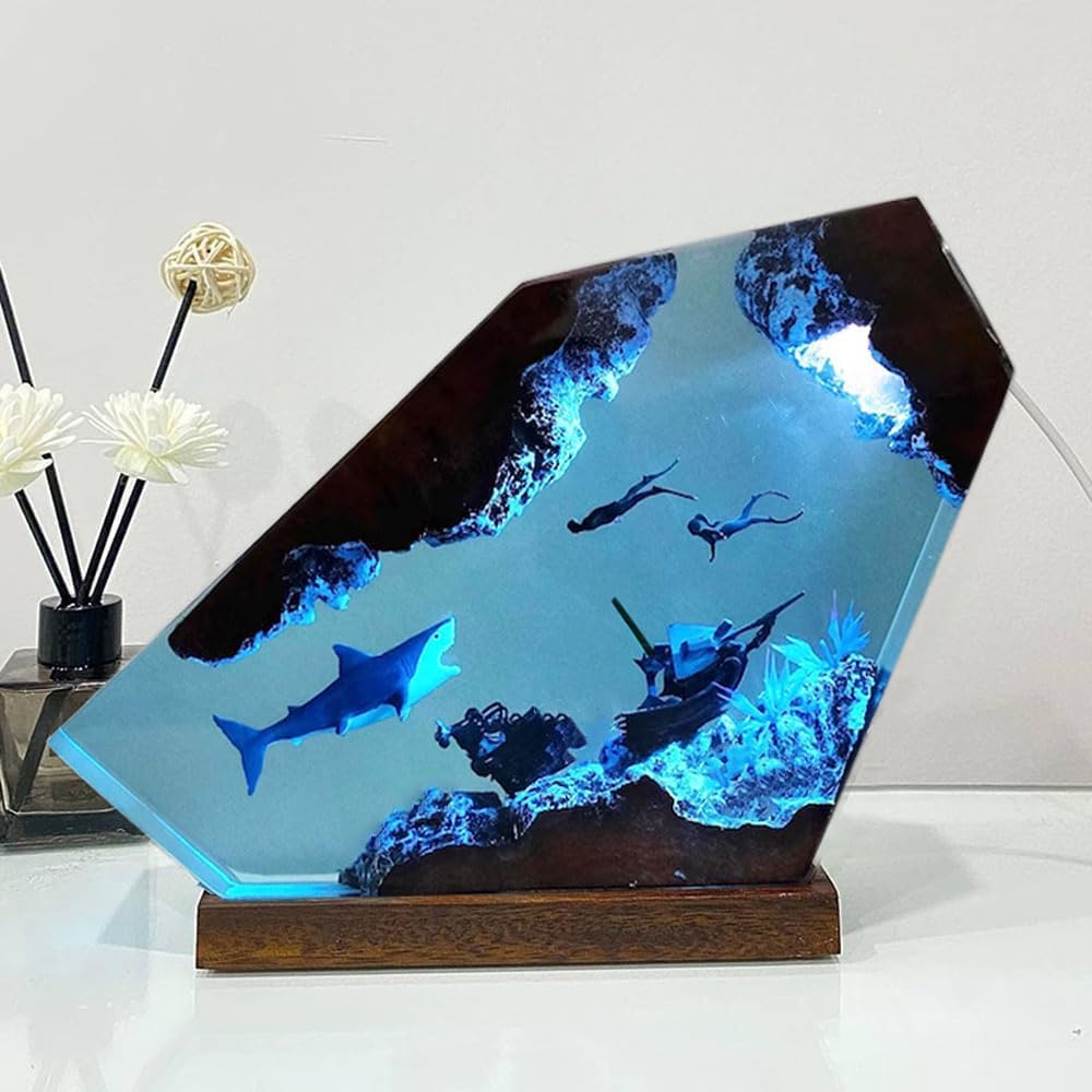 Shark Ocean Resin Lamp  Handmade Wooden Table Resin Night Light  Usb Port Art Ornaments For Home Office Decor  Scuba Diver Gifts For Birthday Holiday  ValentineS Day Gifts For Husband