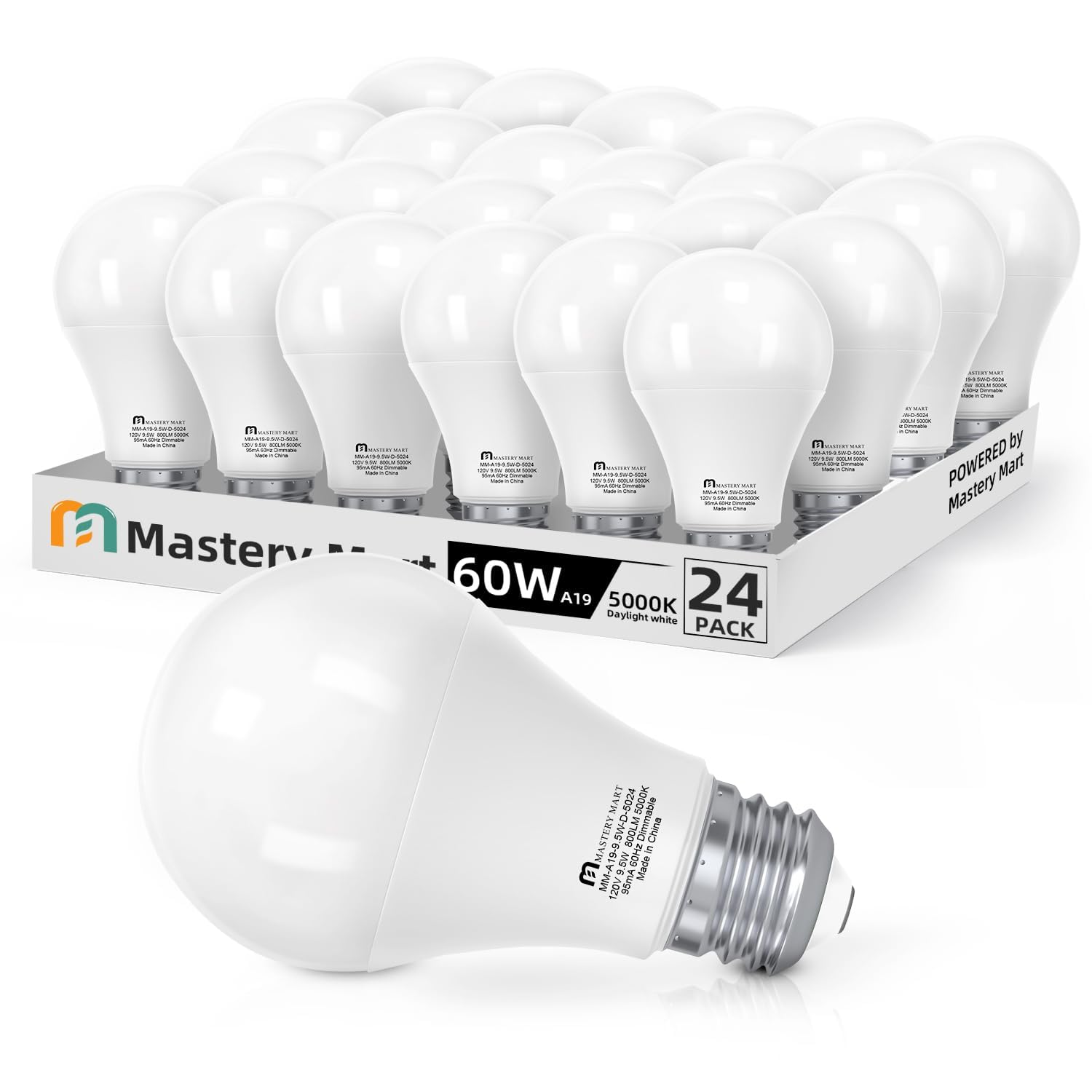 Mastery Mart 24 Pack A19 Led Bulbs 60 Watt Equivalent, 9W Non-Dimmable, Non-Flicker, 800 Lumens, Bright Daylight White 5000K, E2