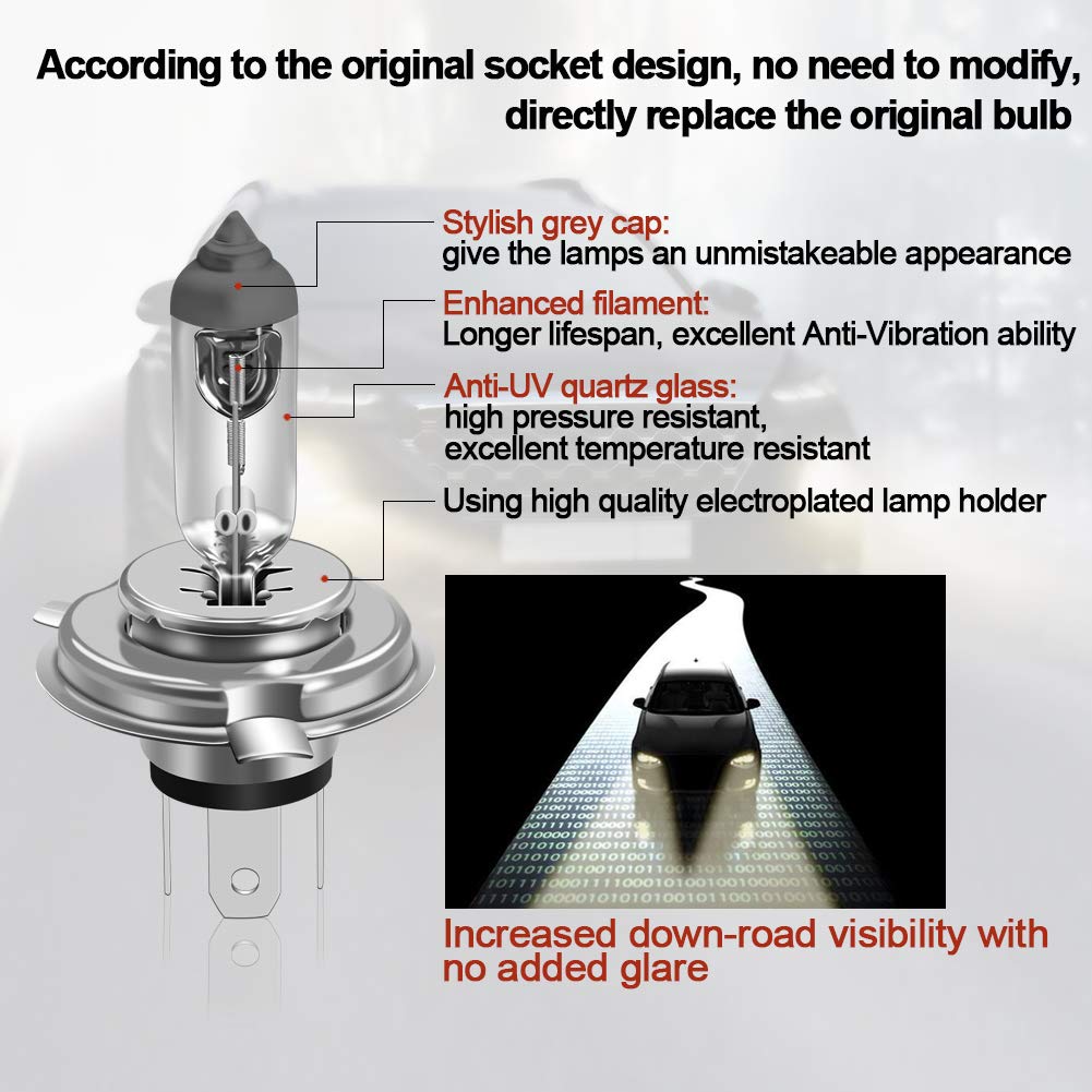 WinPower H4 Halogen Bulbs 60/55W, Pack of 2, 4300K Color, Model WP-H4 W