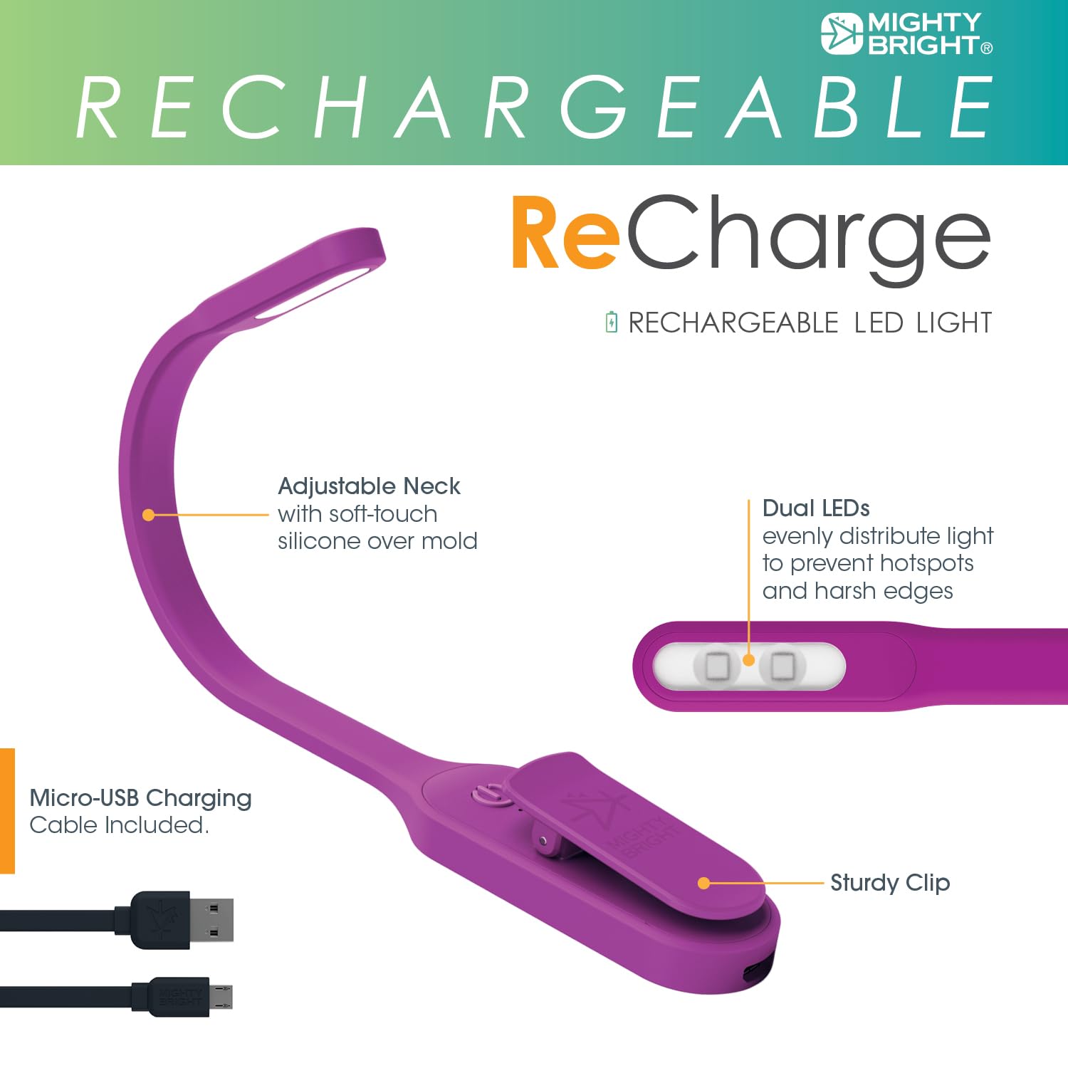 Mighty Bright Rechargeable Book Light - Warm Eye Care LEDs, Flexible, Dimmable, Purple, Model 47013, Perfect for Kids & Bookworms