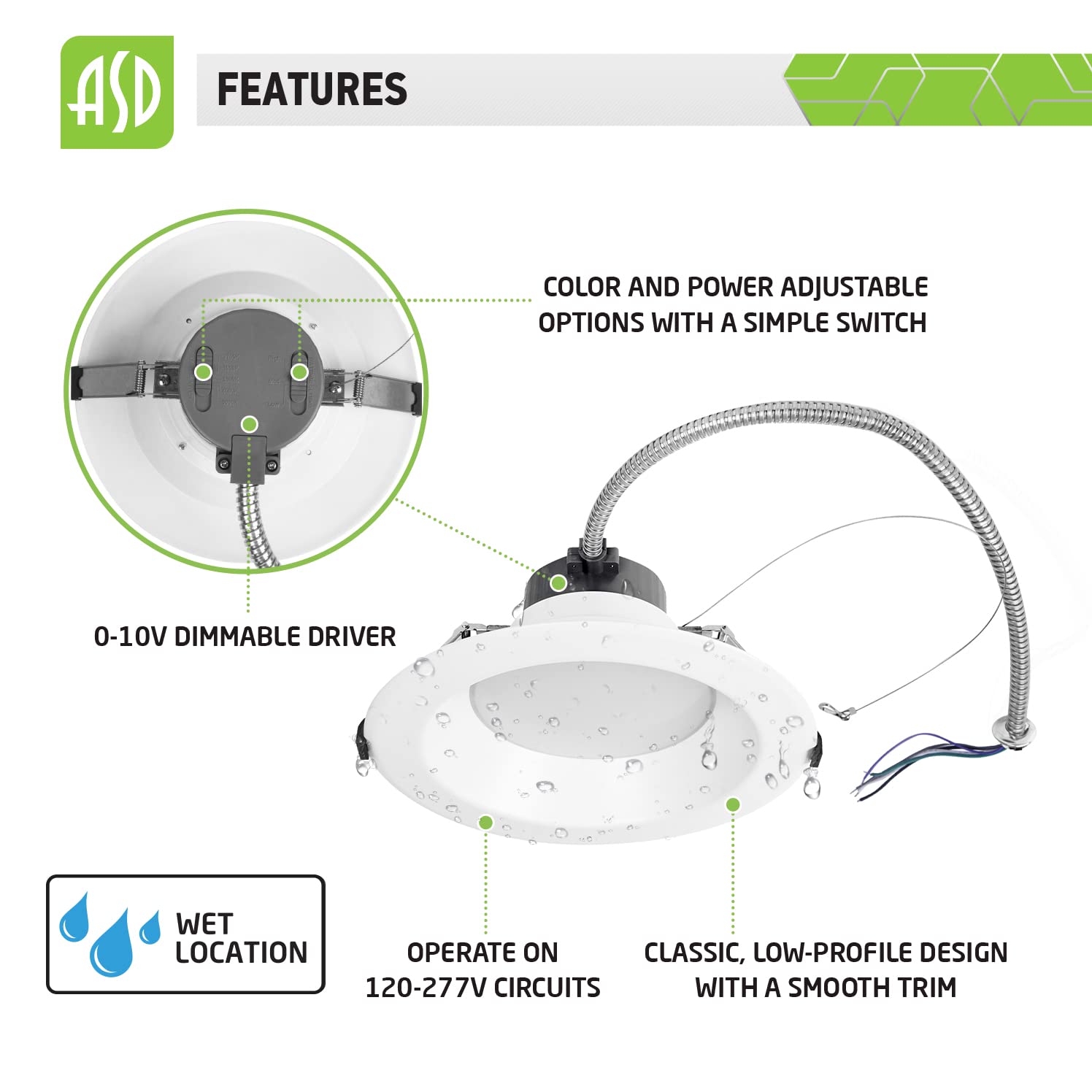 ASD 6 Inch Canless LED Downlight, Dimmable 10/15/22W, 5 Color Temps, Aluminum, 4 Pack, White, Model ASD-CDL7-