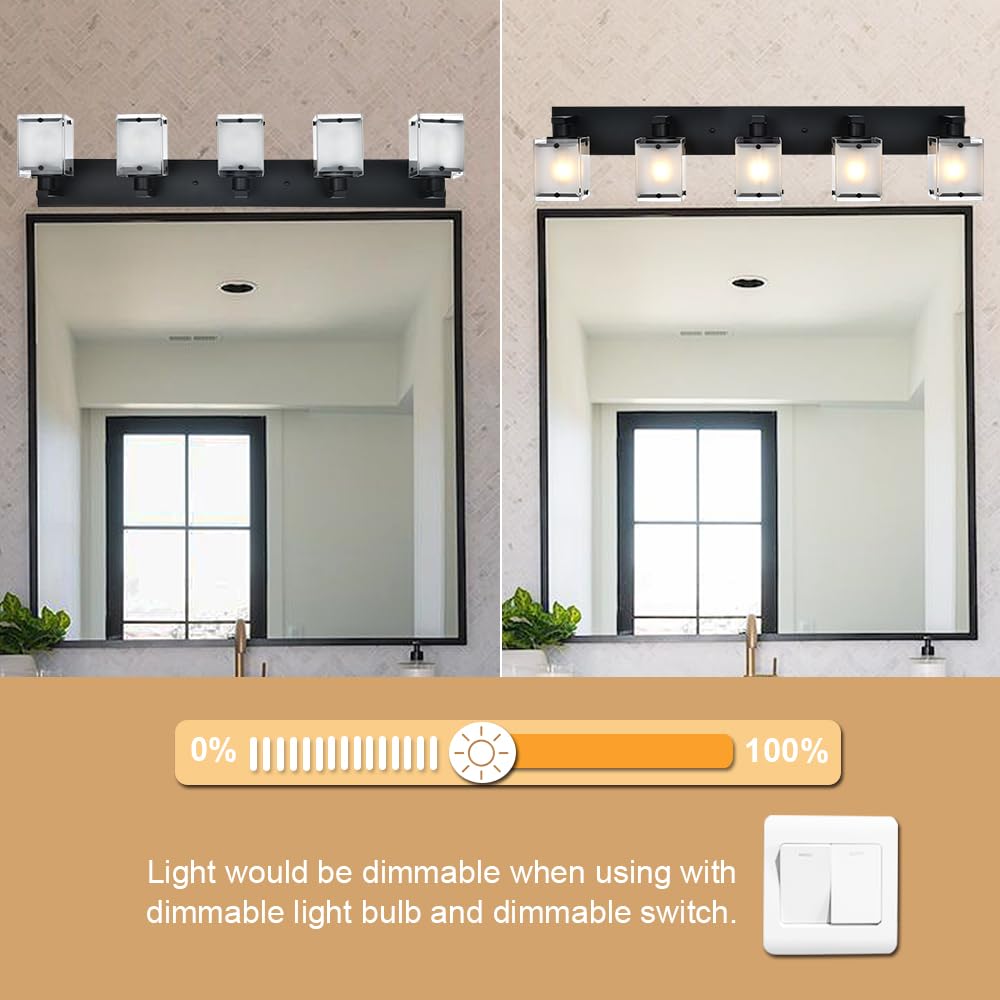 WINSHEN Bathroom Light Fixtures, 5-Lights Modern Vanity Lights, Matte Black, Rectangular Frosted Glass, Model 5WBL-XOTFZO