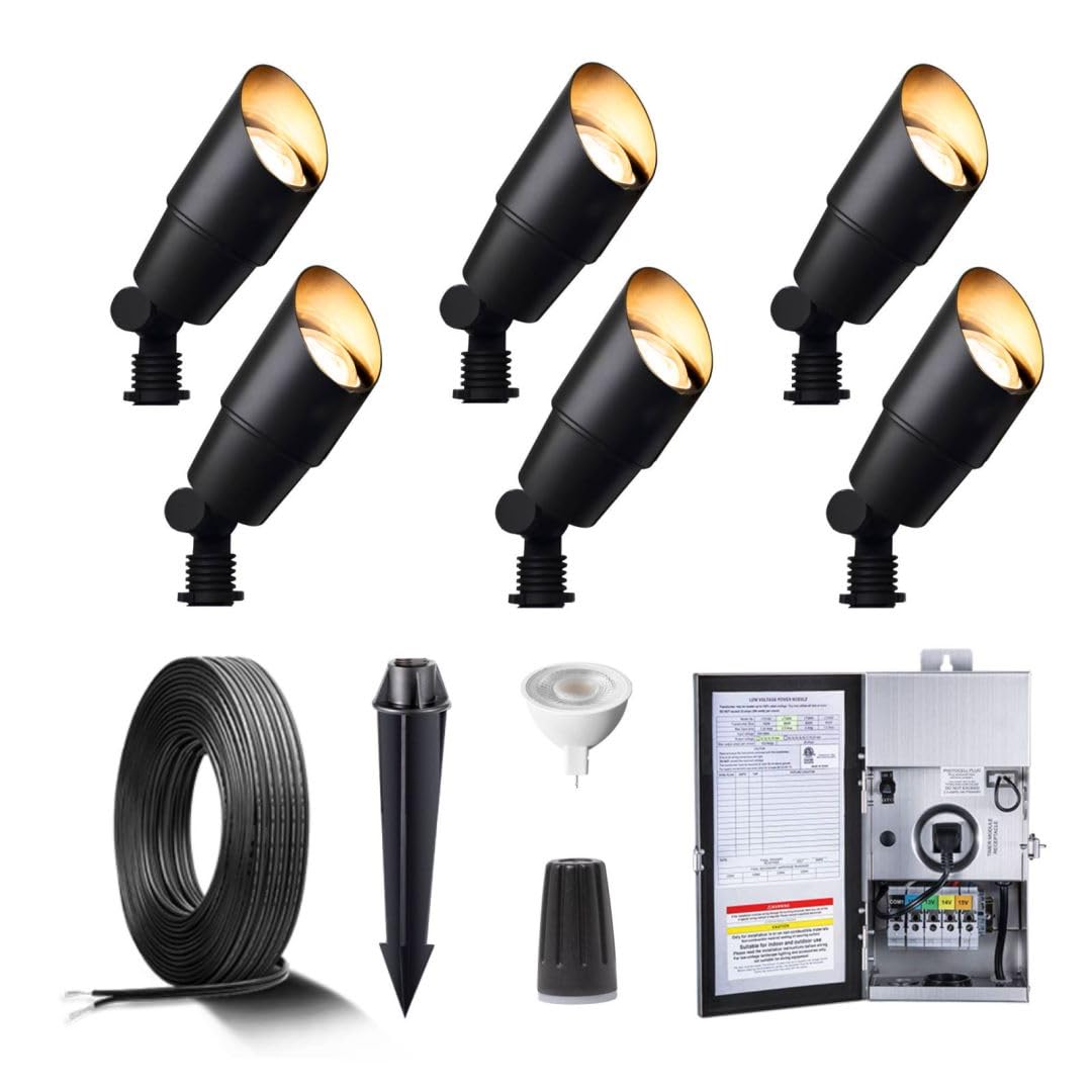 Gardenreet Black Brass Low Voltage Landscape Spotlights(6-Pack) Kit 12V Led With Low Voltage Transformer 150W & Mechanical Timer & 100Ft Wire & 30Pack Connectors For Outdoor House Garden Patio