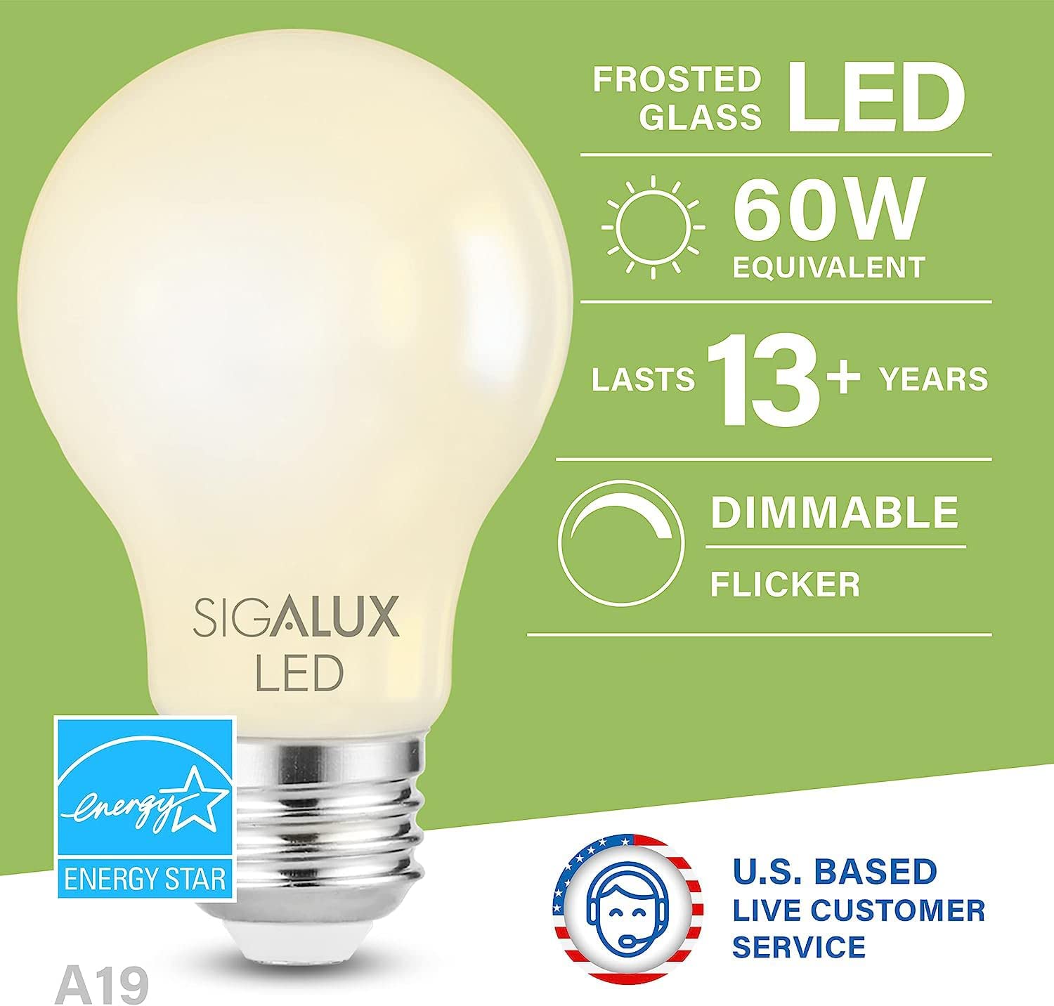 Dimmable E26 Led Light Bulb 60 Watt Equivalent, Sigalux Energy Star Certified Daylight 2700K Led Filament Bulb, A19 Led Edison V
