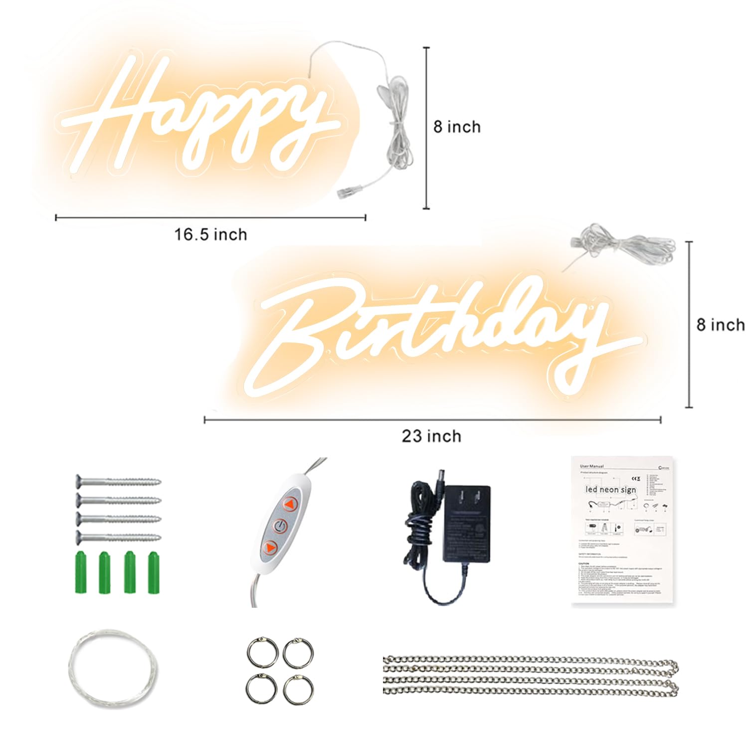 ColorSavvy Happy Birthday Neon Sign, Warm White, 23x8 & 16.5x8 Inch, Acrylic, Model JX-0000, 10 Levels Adjustable Brightness
