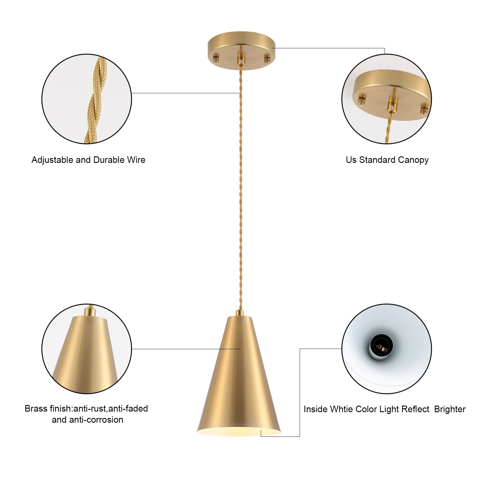 Dijiahua Gold Pendant Lights - 3 Pack Modern Farmhouse Mini Chandeliers with Brushed Brass Metal Shade for Kitchen Island & Dining Room