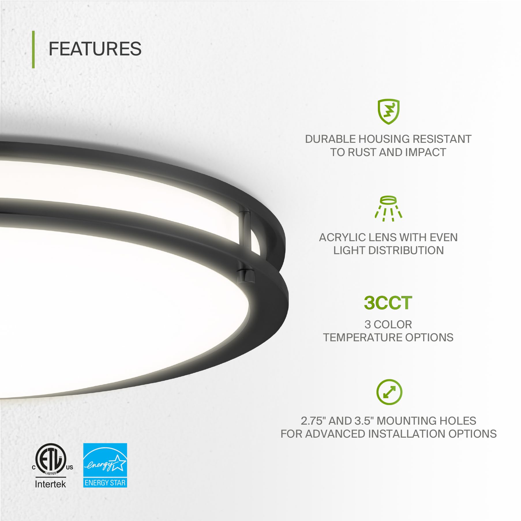 Asd Led 18 Inch Round Flush Mount Light Fixture | 28W 2250Lm 3000K-5000K 120V | 3Cct  Dimmable  Energy Star  Etl Listed | Close To Ceiling Double Ring Lamp  Low Profile Lighting | Black