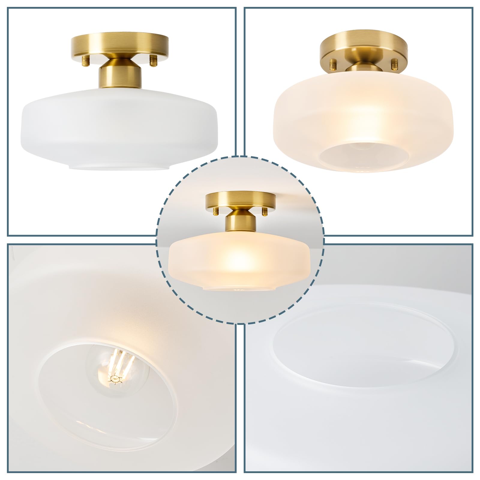 Huawiya Flush Mount Light With Frosted Glass Shade, Brass Gold Finish Ceiling Light Fixture For Kitchen, Hallway, Entryway, Bathroom, Closet