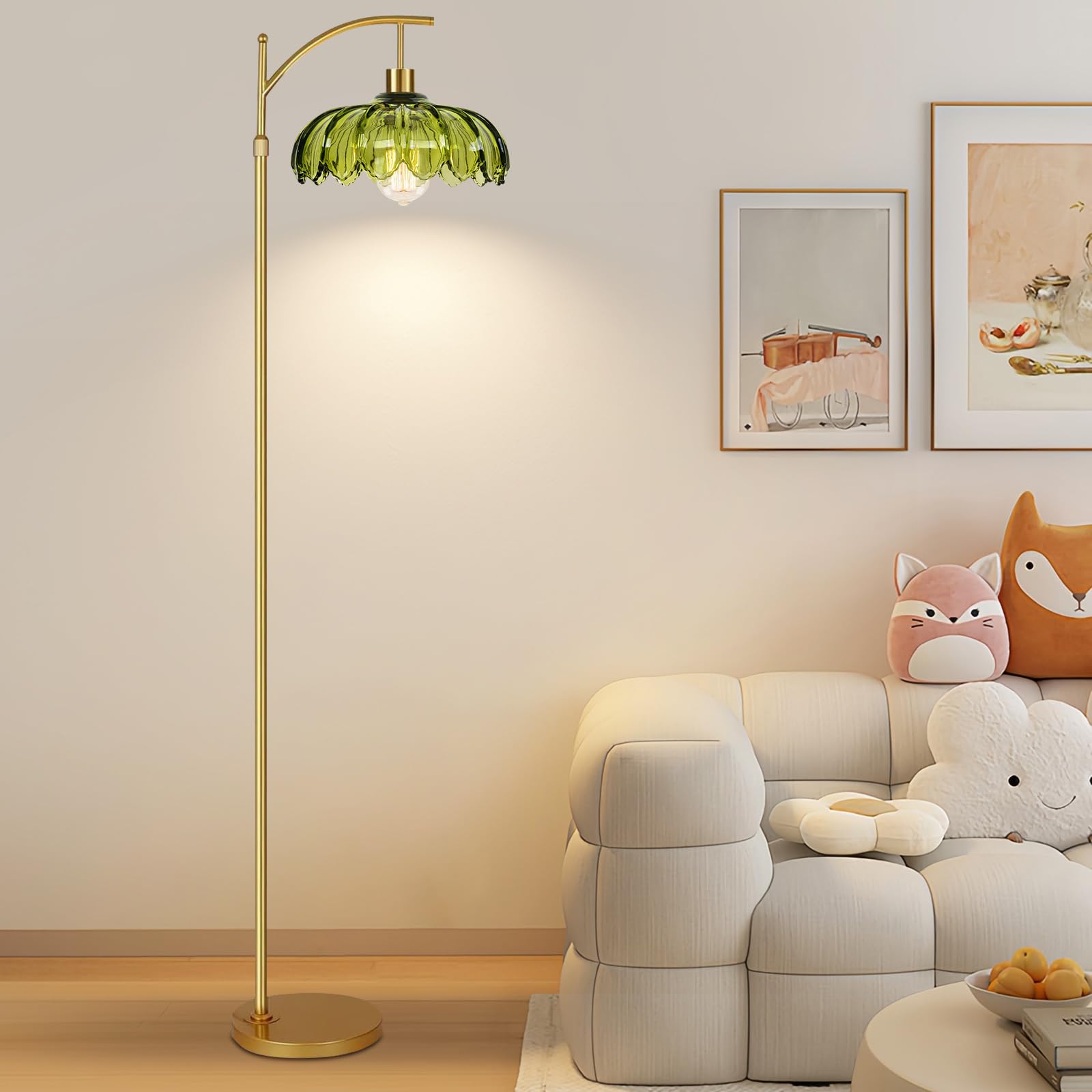 ZECOXOL Vintage Floor Lamp with Remote Control, Dimmable Brass Tall Lamp, Green-Glass, 10.2 Inch, Mid Century Modern Design