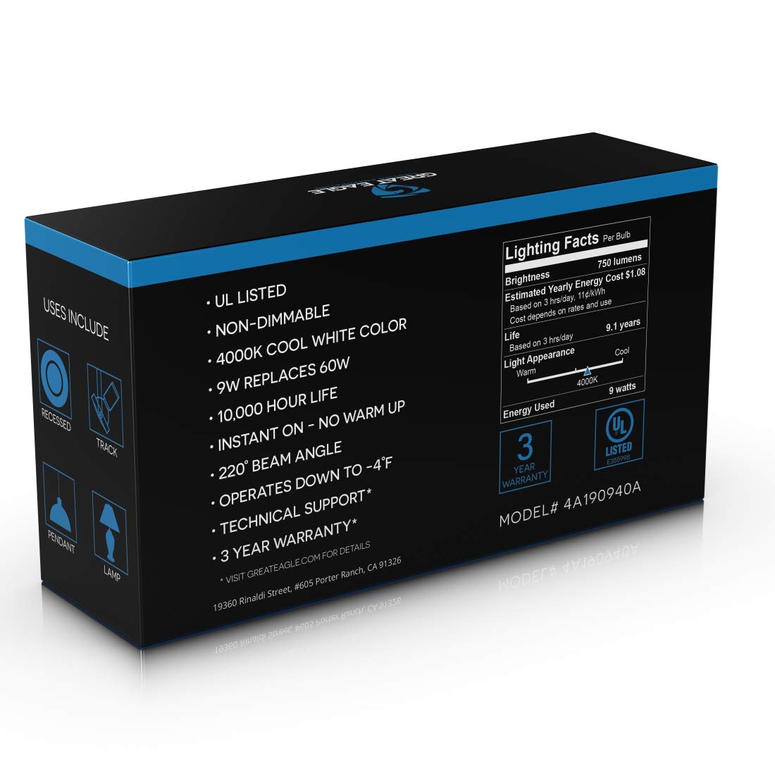 Great Eagle Lighting Corporation A19 Led Light Bulb, 9W (60W Equivalent), Ul Listed, 4000K (Cool White), 750 Lumens, Non-Dimmabl
