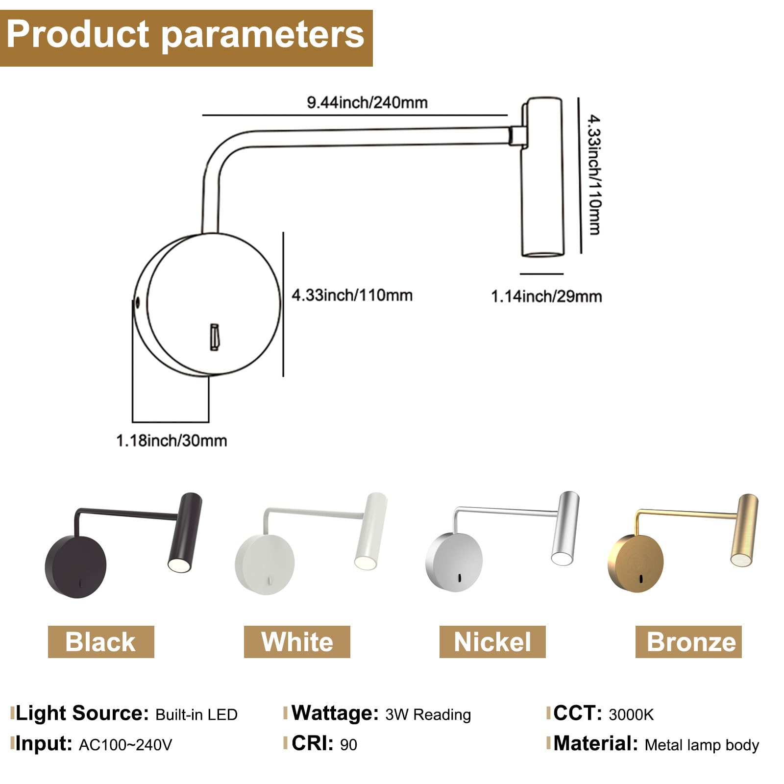ZEROUNO Wall Mounted Reading Light, Modern LED Sconce, 3000K, Black, Aluminum, Model ZRWS456, Perfect for Bedroom