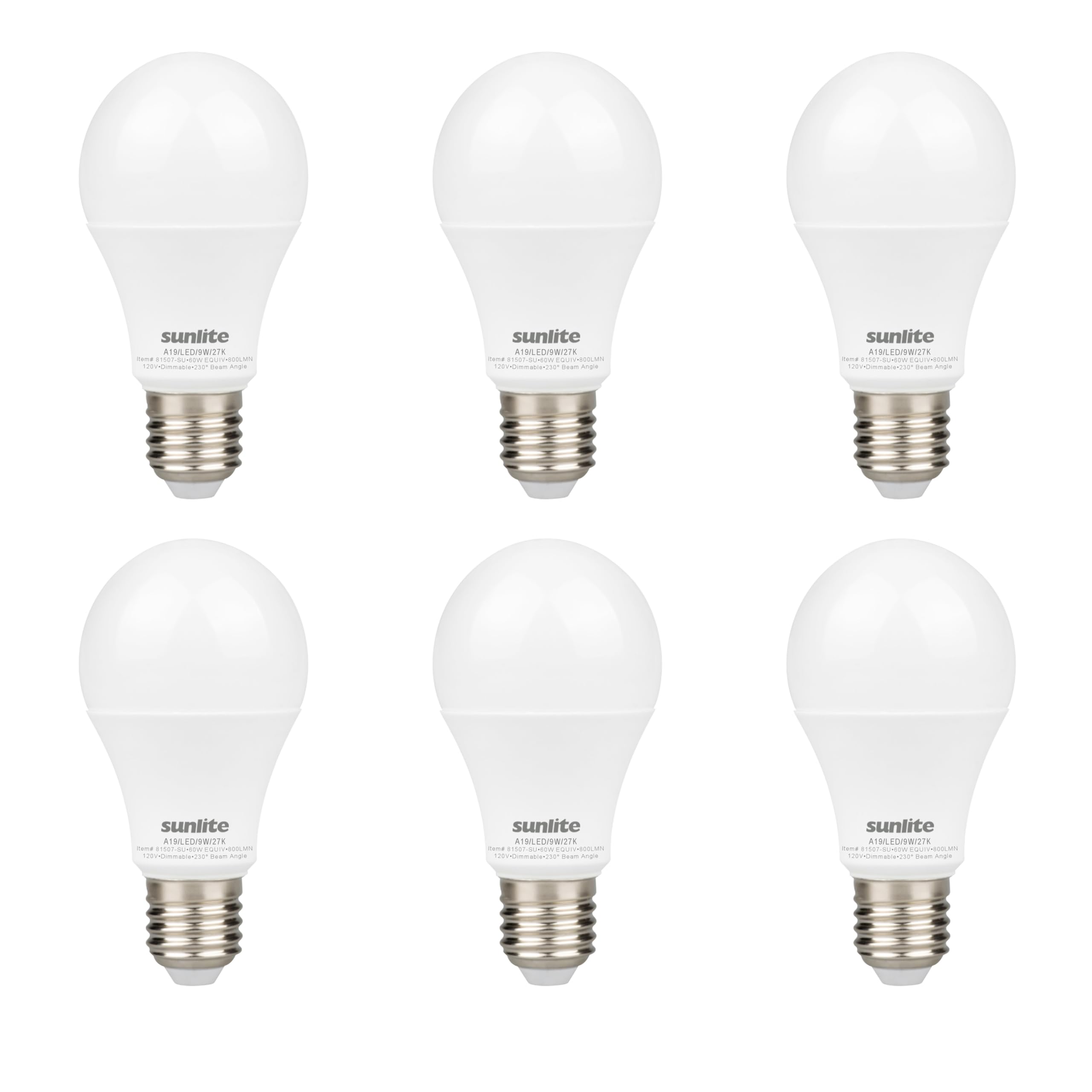 Sunlite Led A19 Light Bulb, 9 Watts (60W Equivalent), 800 Lumens, 120V, Dimmable, Medium E26 Base, 90 Cri, 230 Degree Beam Angle