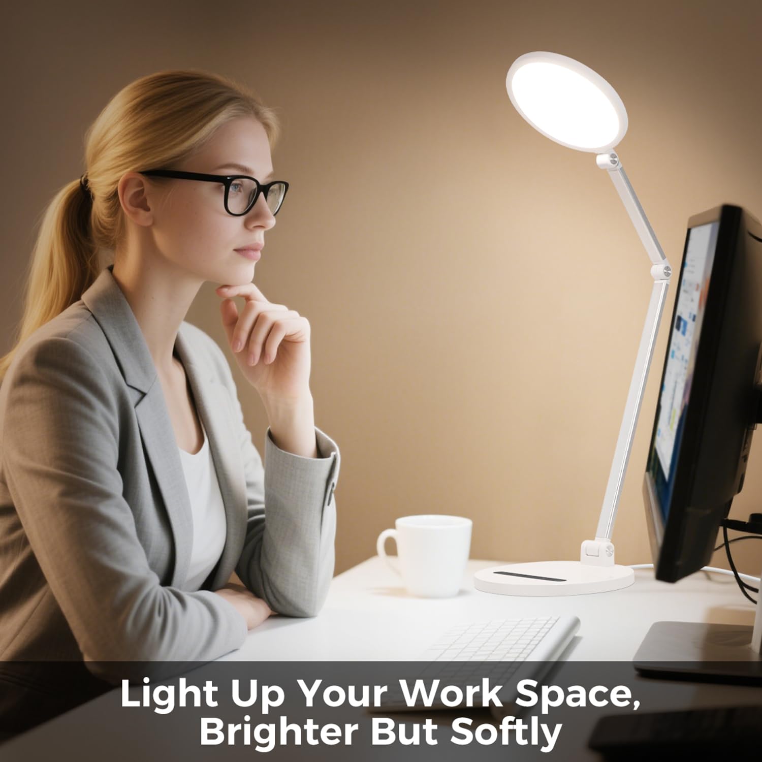 LED Desk Lamp for Home Office, Eye-Caring Desk Light for Video Call, Dimmable 3 Color Temperature 10 Brightness Computer Light,