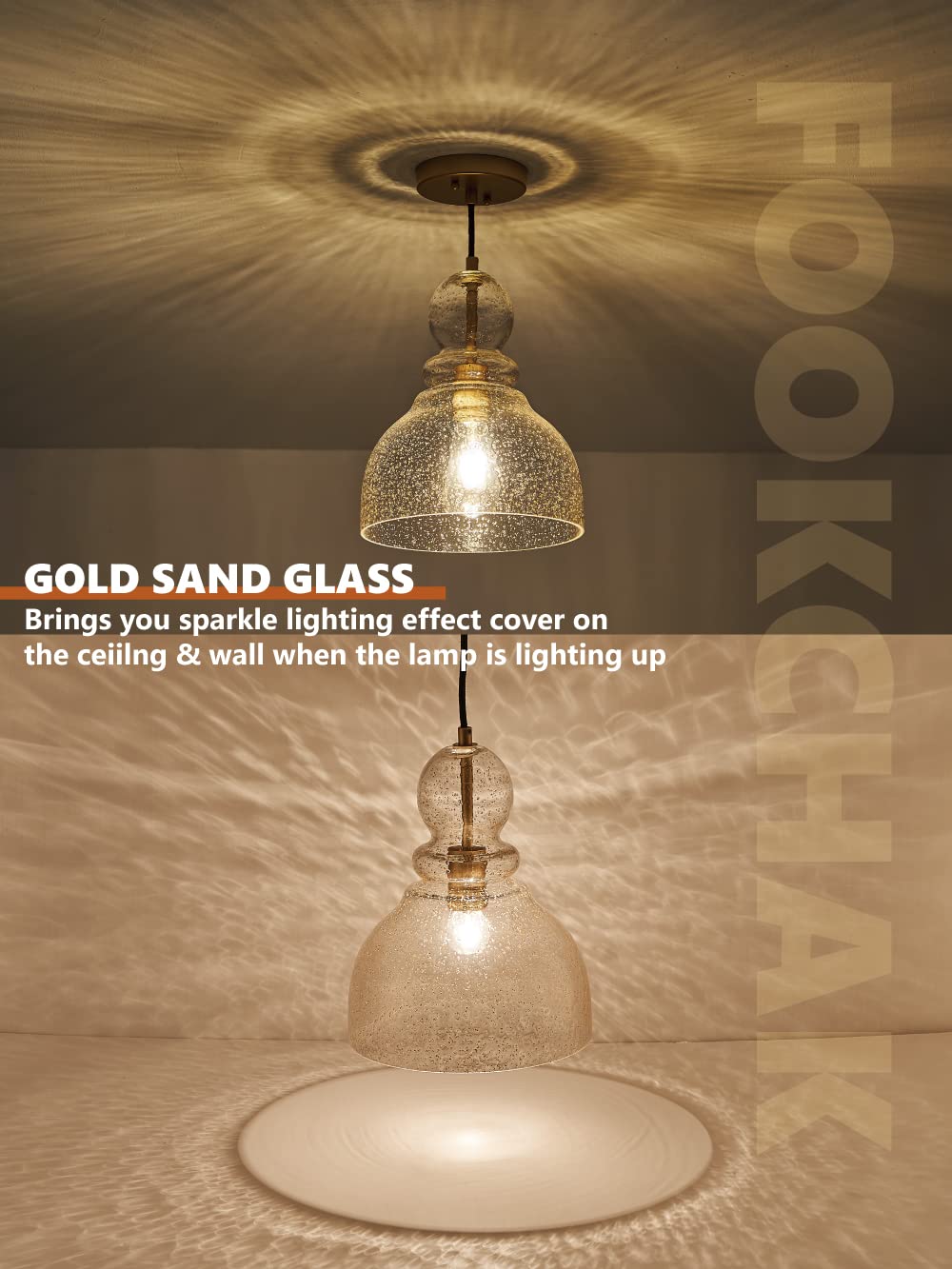 Fookchak Gold Pendant Lights Kitchen Island, Modern Gold Sand Glass Pendant Lighting 10Inch Large Brass Ceiling Haning Light For