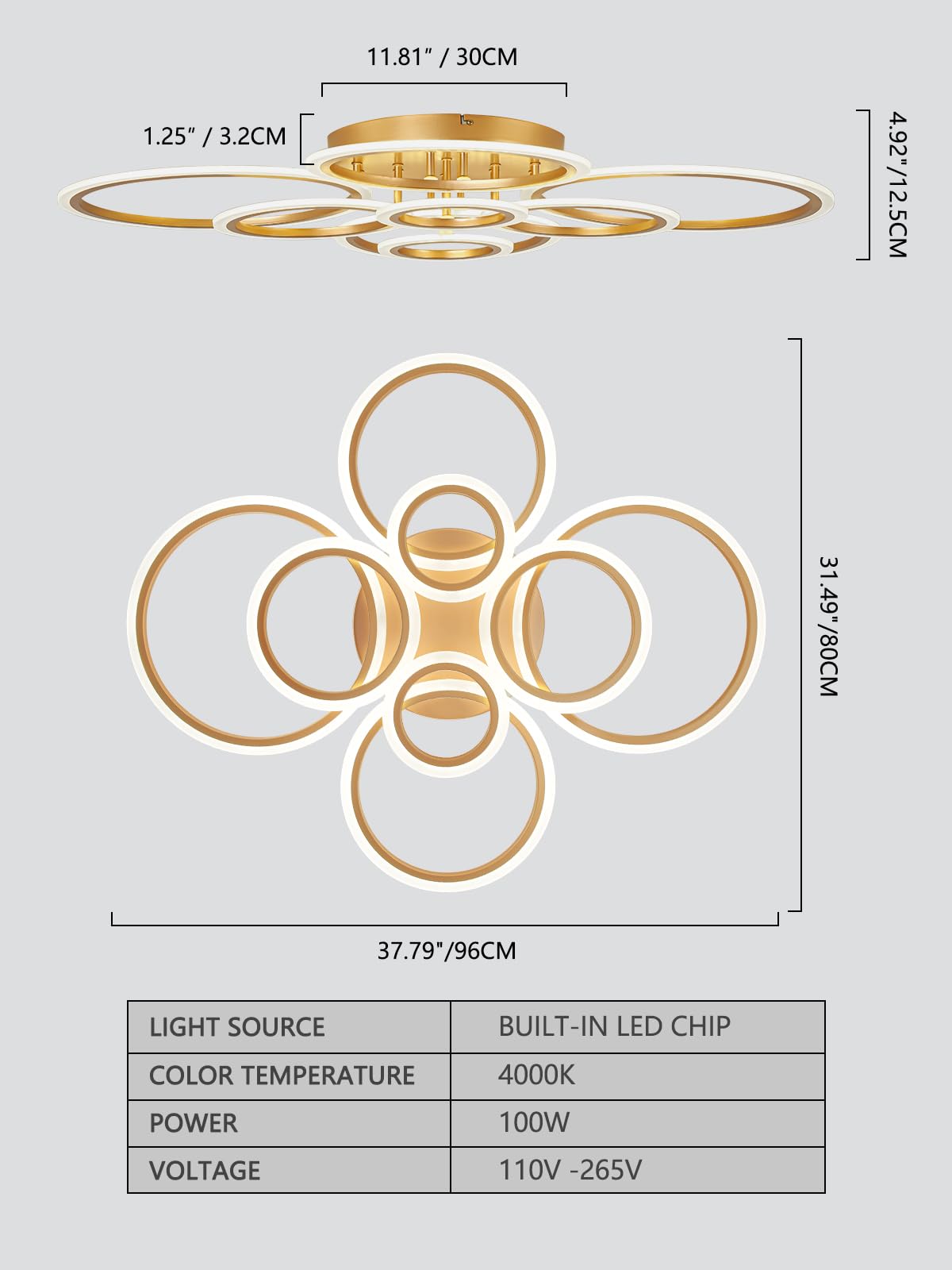 Vikaey 8-Light Modern LED Ceiling Light, Gold Metal Flush Mount for Living Room, Dining Room, Bedroom, Kitchen, 4000K Not Dimmable
