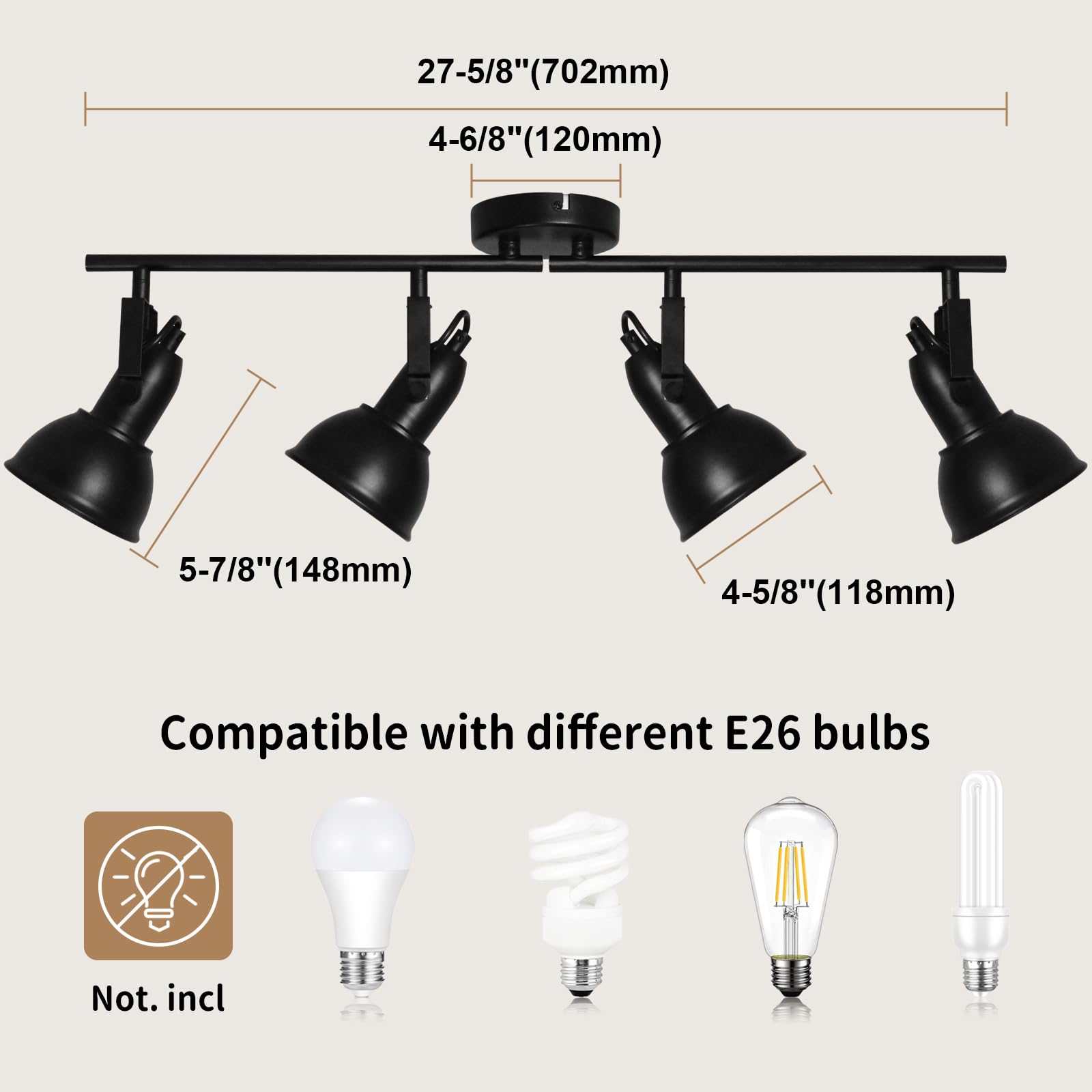 Ltblight 4-Light Track Lighting Fixtures, Rotatable Ceiling Light Kit, Industrial Black Ceiling Spot Lighting Fitting For Kitche