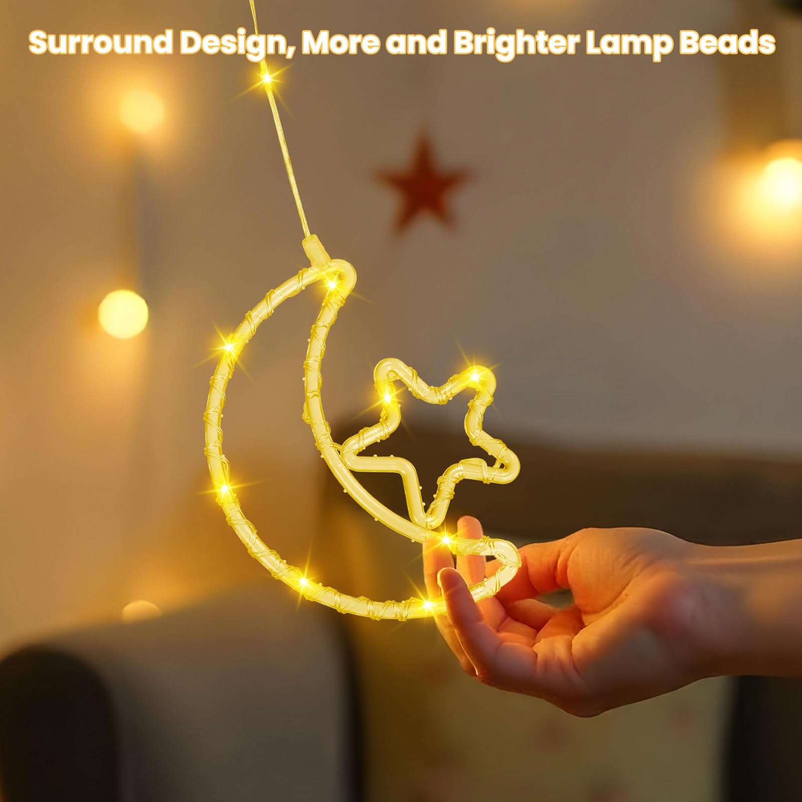 FIALAME 130 LED Ramadan Star Moon Curtain String Lights, Remote & USB Plug, White, Model YOLO