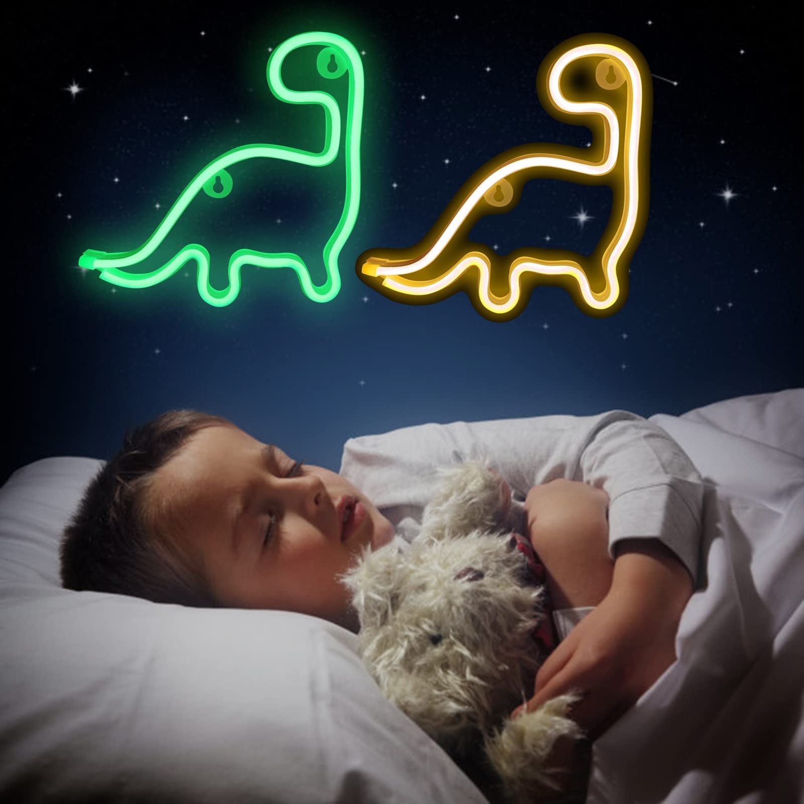 X W EI UNION Dinosaur Neon Sign LED Light Wall Decoration, Cute Night Light for Kids, Yellow-1, Model 1