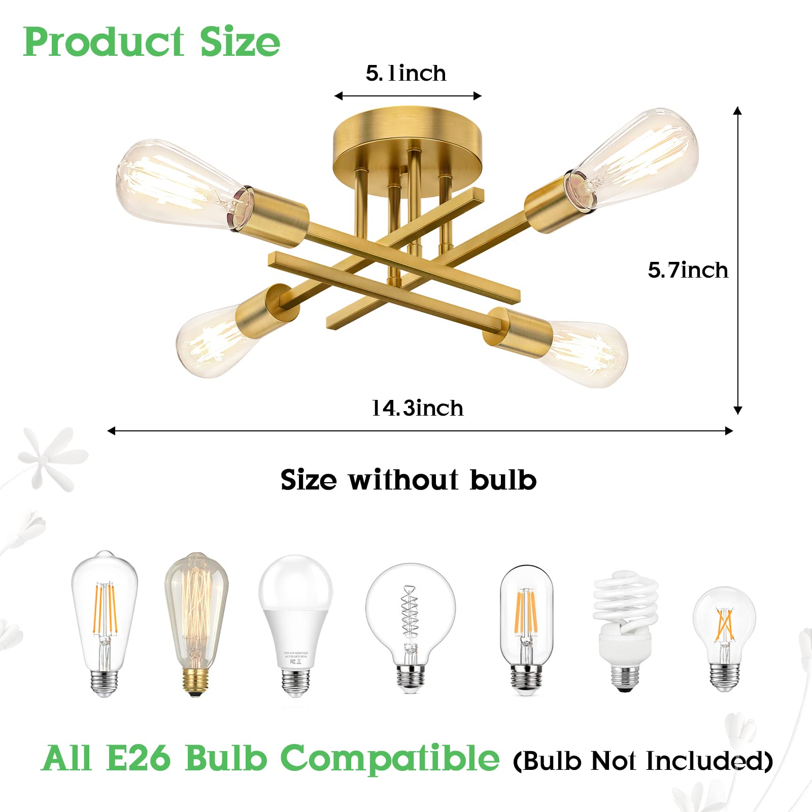 Gold Semi Flush Mount Ceiling Light Fixture, 4-Light Modern Industrial Sputnik Chandelier Light Fixture, Flush Mount Ceiling Lam