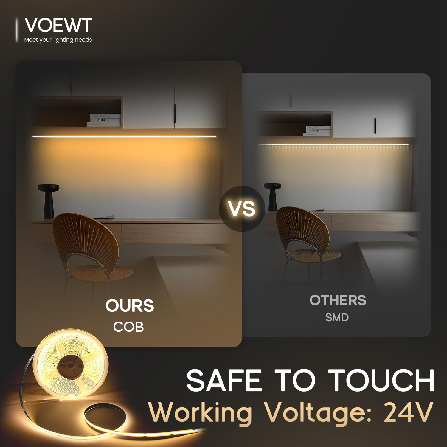 Voewt Cob Led Strip Lights Warm White 3000K,16.4Ft 24V High Cri 95Ra+ Super Bright,Flexible Tape Lights For Bedroom,Mirror,Kitch
