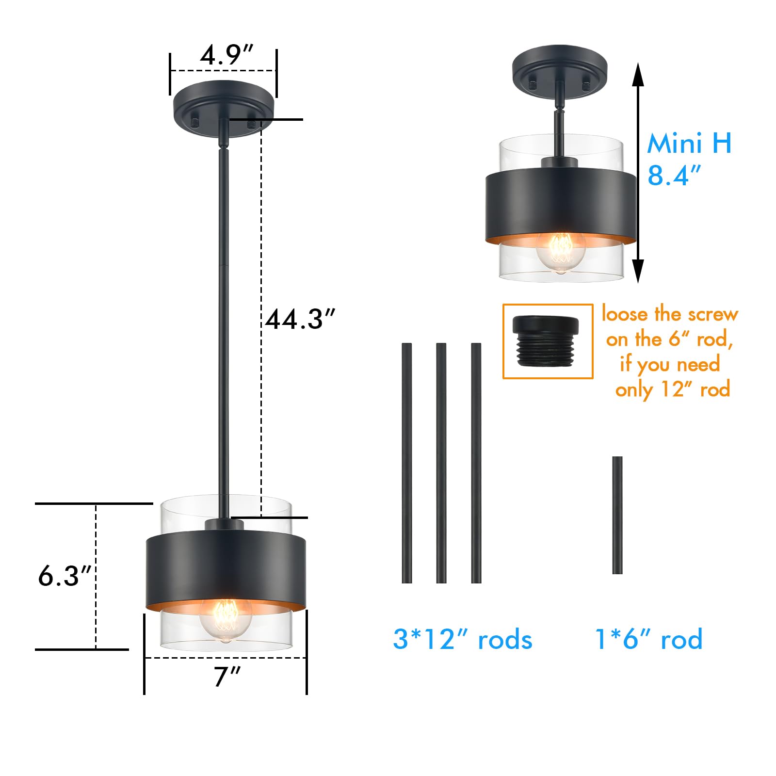 Claxy Pendant Lights Kitchen Island Black Rod Hanging Kitchen Pendant Light Fixture, Clear Glass Cylinder Shade