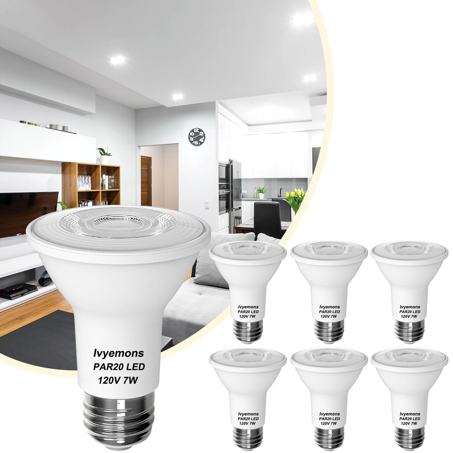 Ivyemons Par20 Led Bulb 5000K Daylight White, 6Pcs Super Bright 480Lm Par20 Dimmable Led Bulbs 7W, Equivalent 50W, No Flicker, E