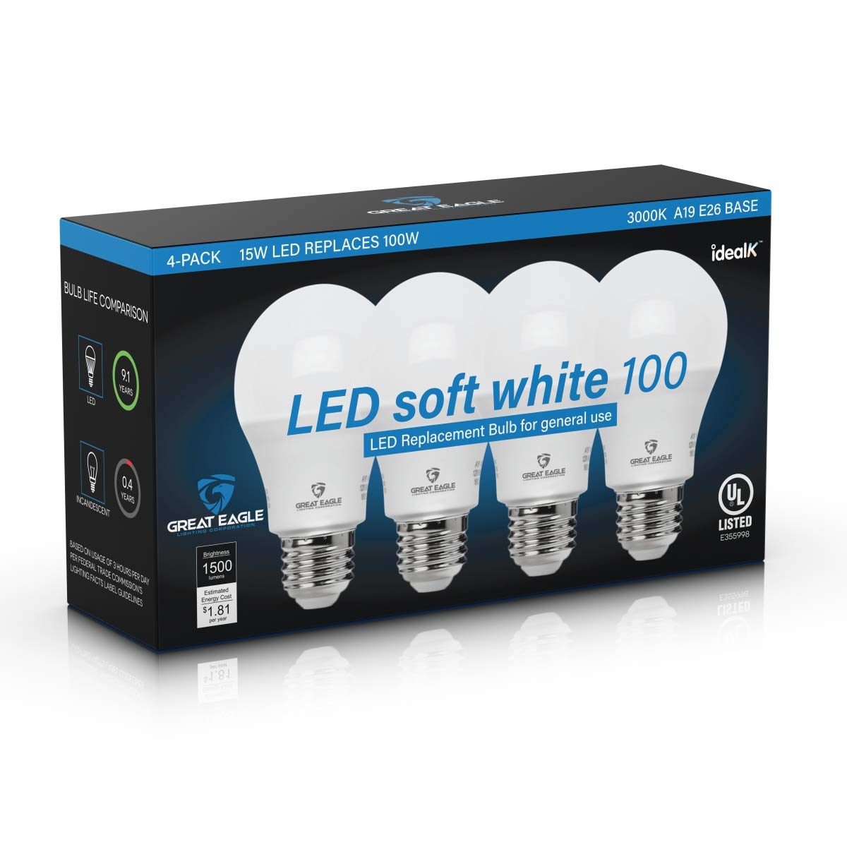 GREAT EAGLE LIGHTING CORPORATION 100W Equivalent LED Bulb, 1500 Lumens, A19, 3000K Soft White, Non-Dimmable, 4-Pack