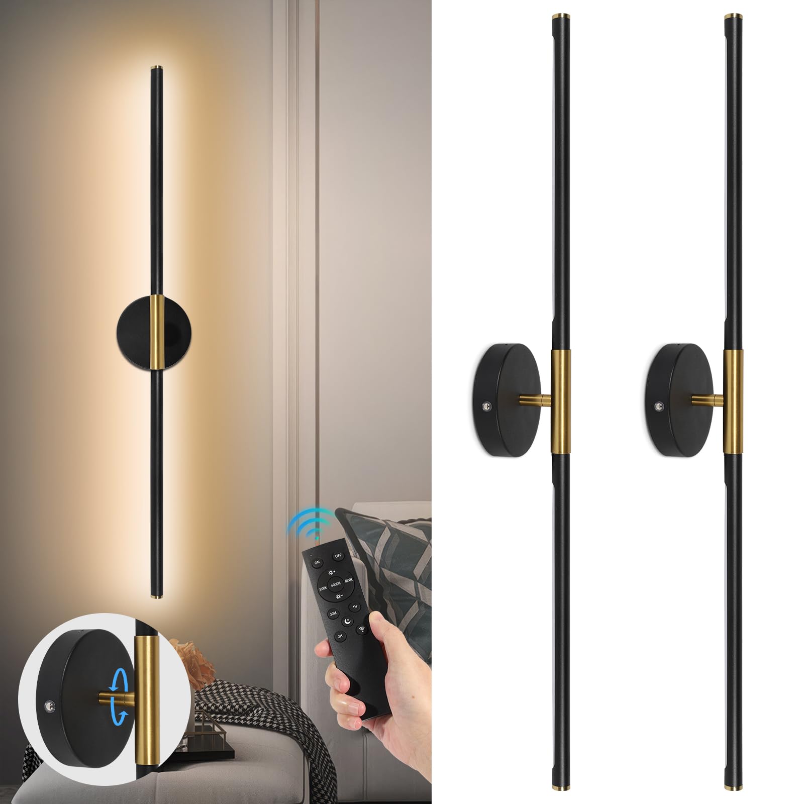 Taofiaco Battery Operated Wall Sconces Set Of Two, 360Rotate Wireless Rechargeable Wall Sconces With Remote Control, Black Gold,