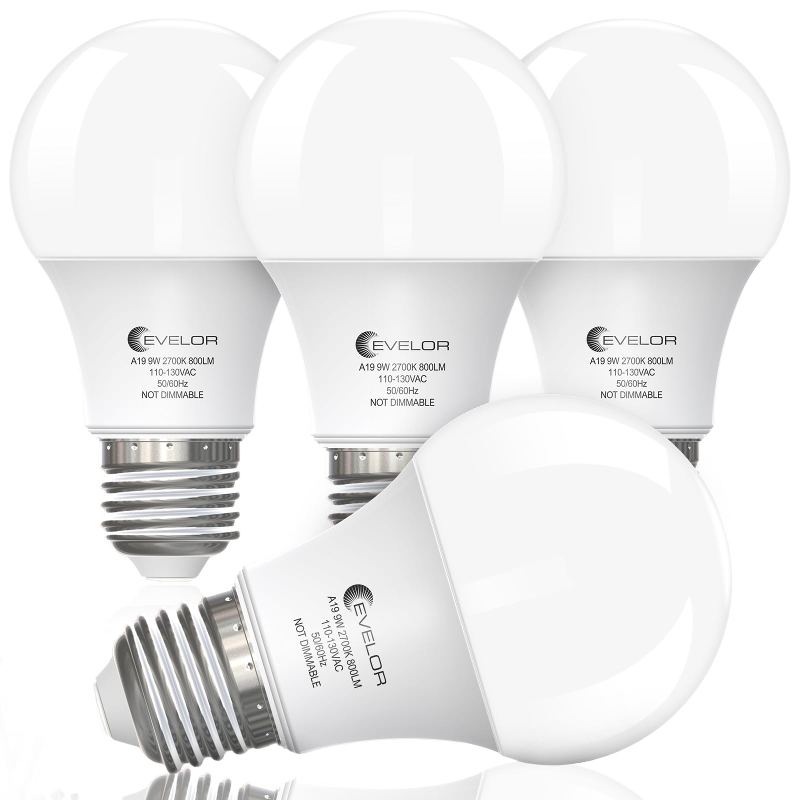 evelor A19 LED Light Bulbs, 60W Equivalent, 9W, 800 Lumens, Soft White 2700K, E26 Base, Non-Dimmable, 