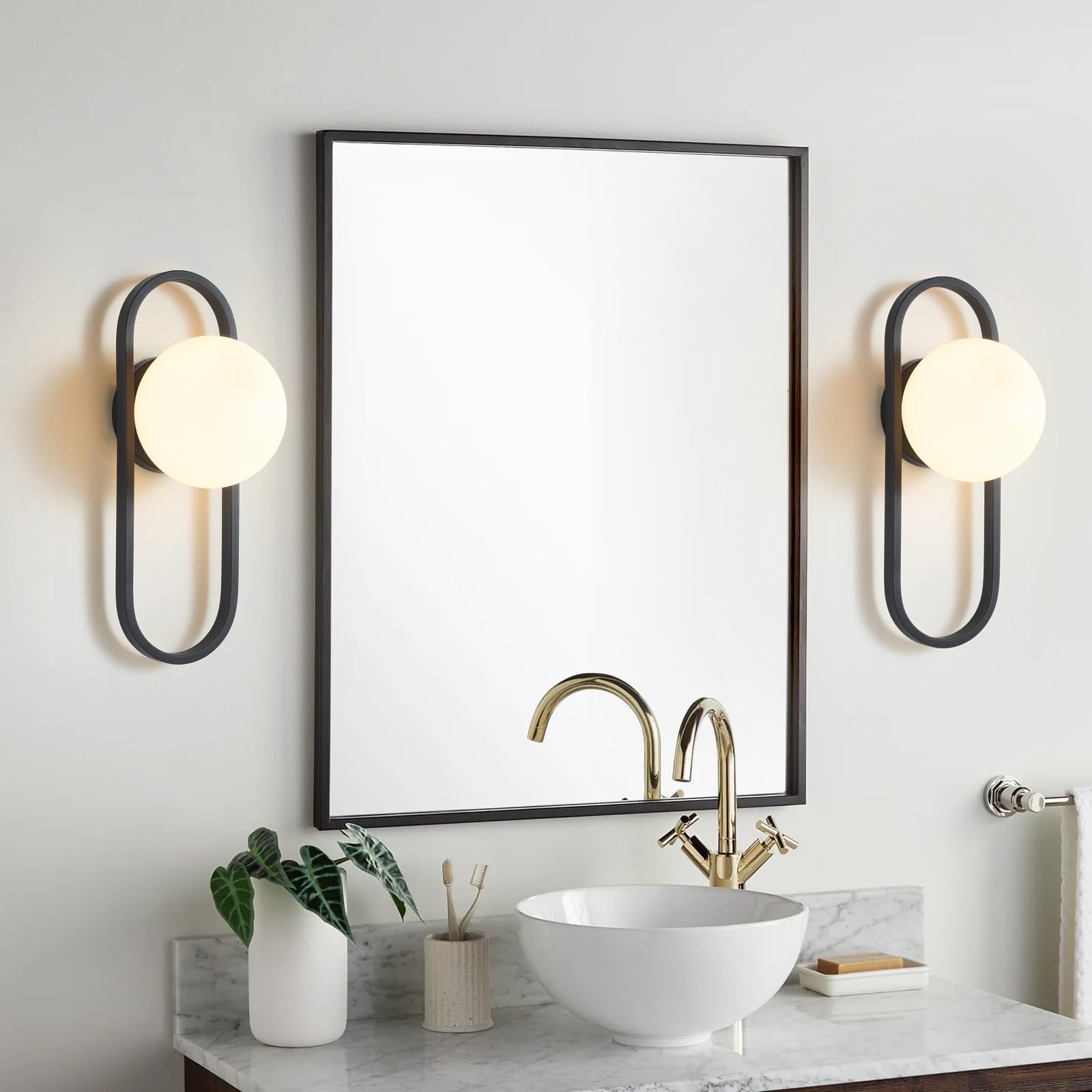 Bektas Wall Sconces Set of 2 Matte Black Modern Metal Lighting with White Globe Glass Shade for Living Room and Bedrooms